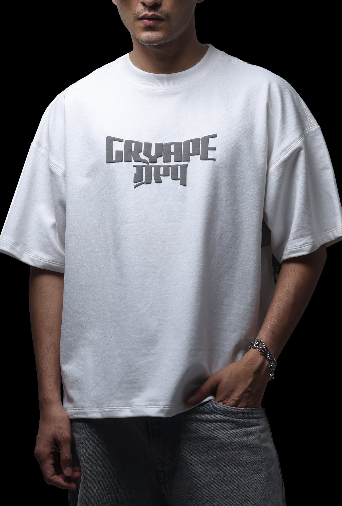 Person wearing a white t-shirt with 'Gryape' logo on a black background - Crepdog Crew