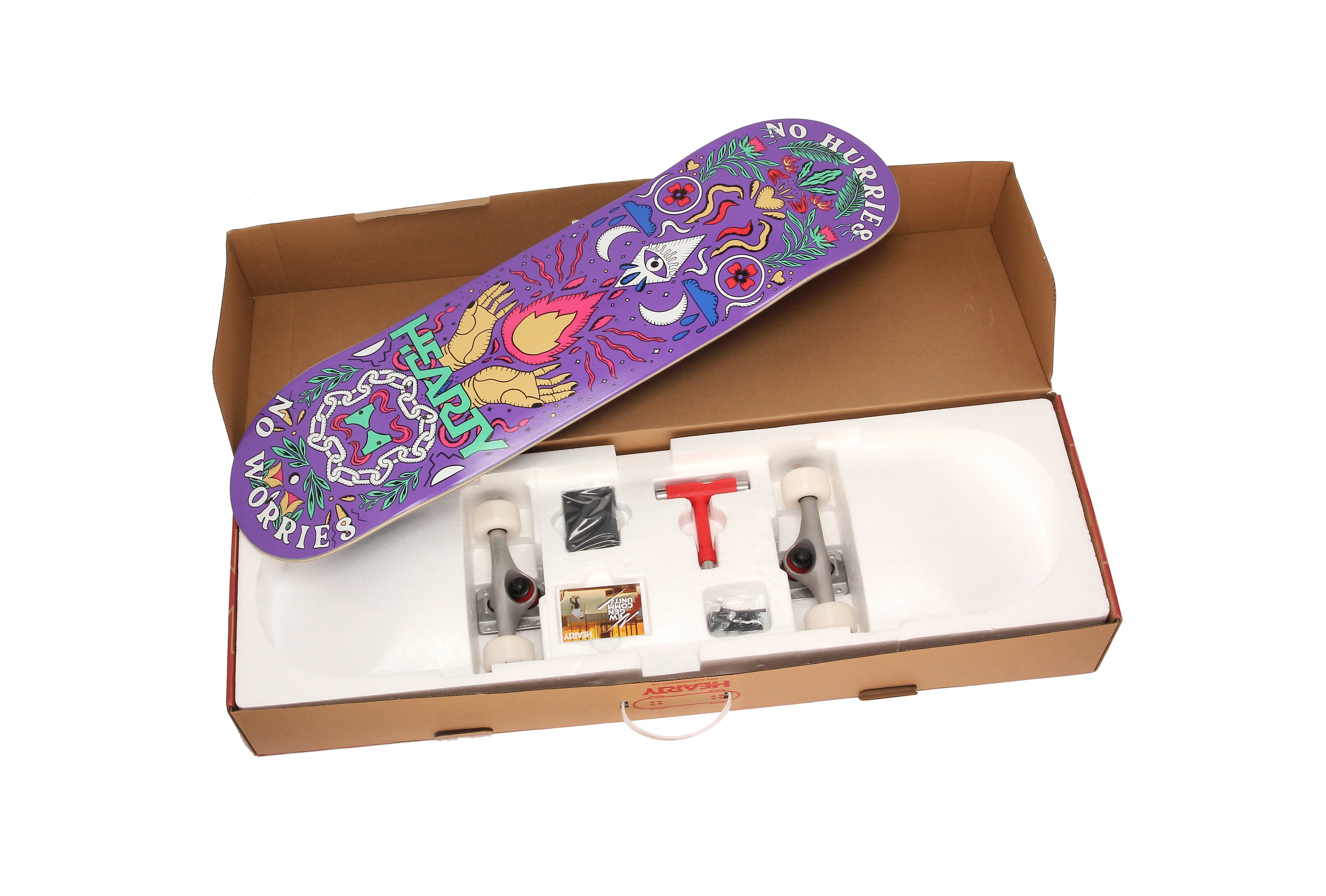 Hearty Pro-Complete Skateboard Pack- Unassembled- 8.0"-No Hurries No Worries/Purple