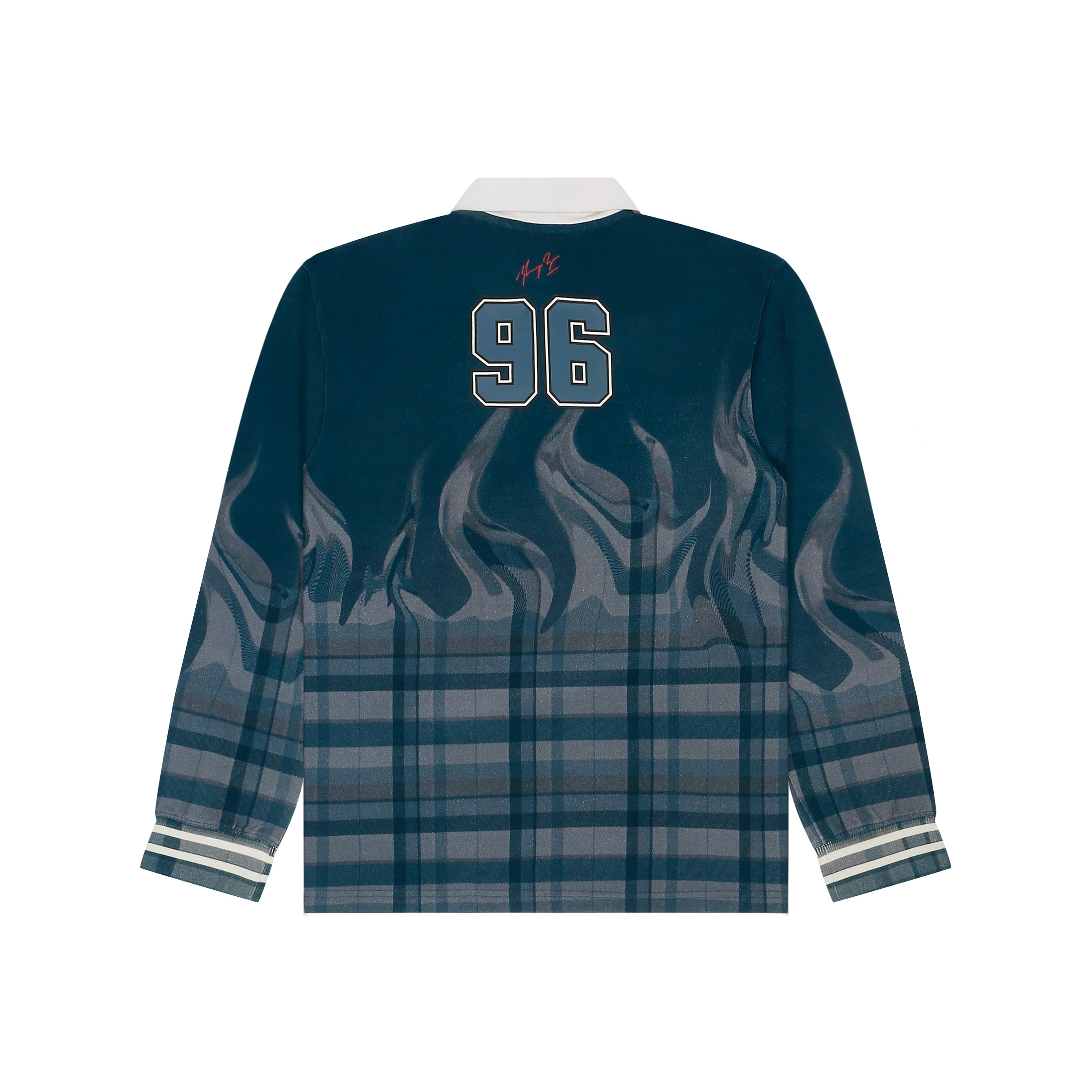 Shreyas Iyer x HUEMN 'SI' monogram full sleeved t-shirt in checkered flame pattern (Blue)