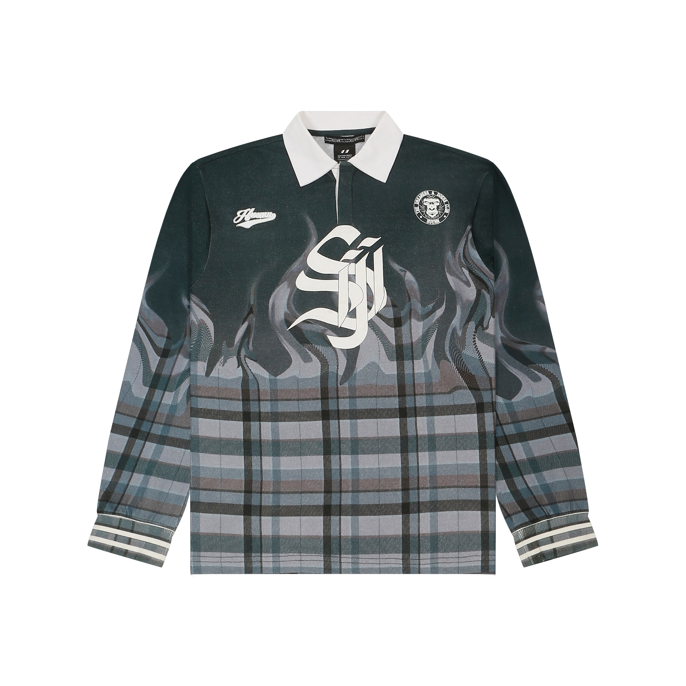 Shreyas Iyer x HUEMN 'SI' monogram full sleeved t-shirt in checkered flame pattern (Green)