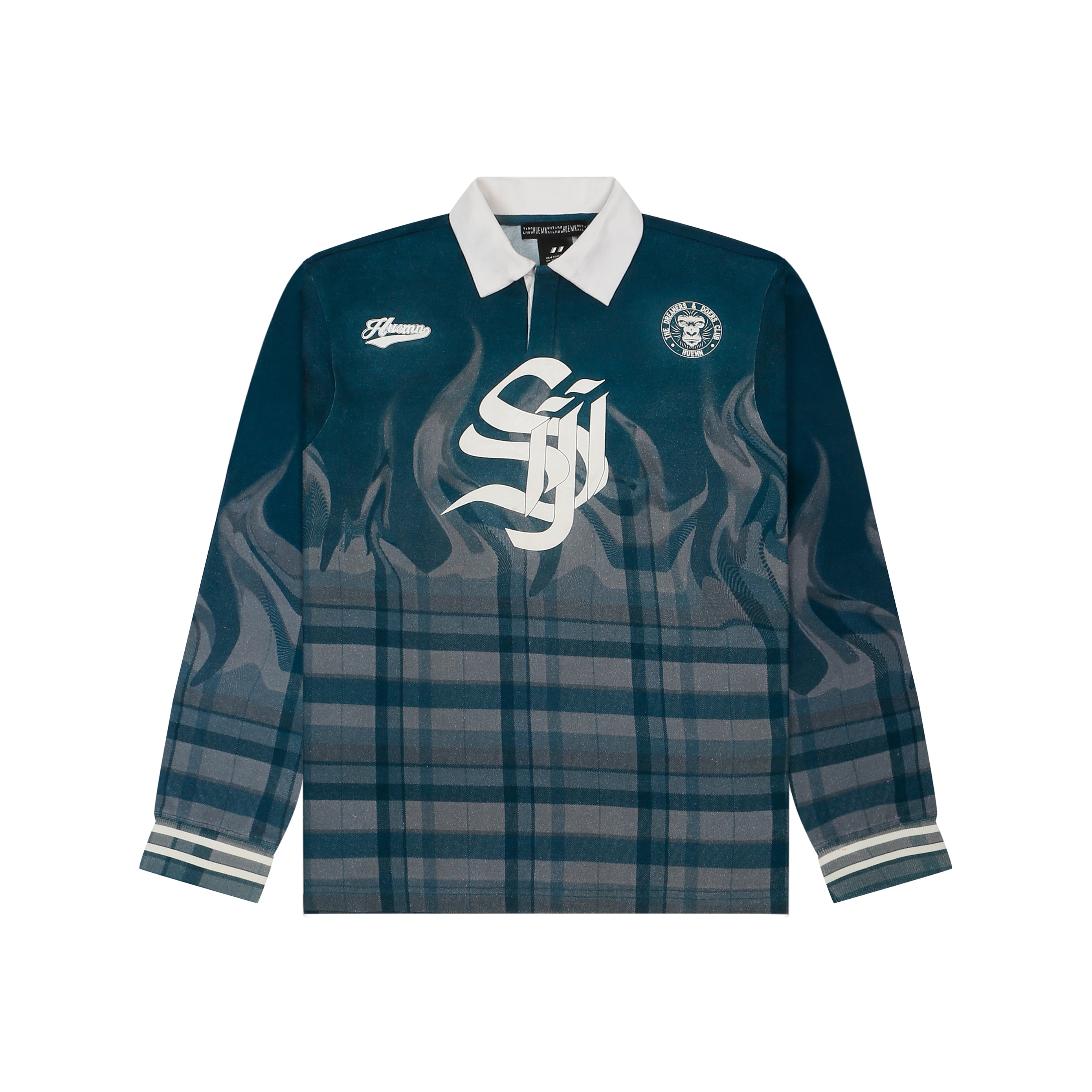 Shreyas Iyer x HUEMN 'SI' monogram full sleeved t-shirt in checkered flame pattern (Blue)