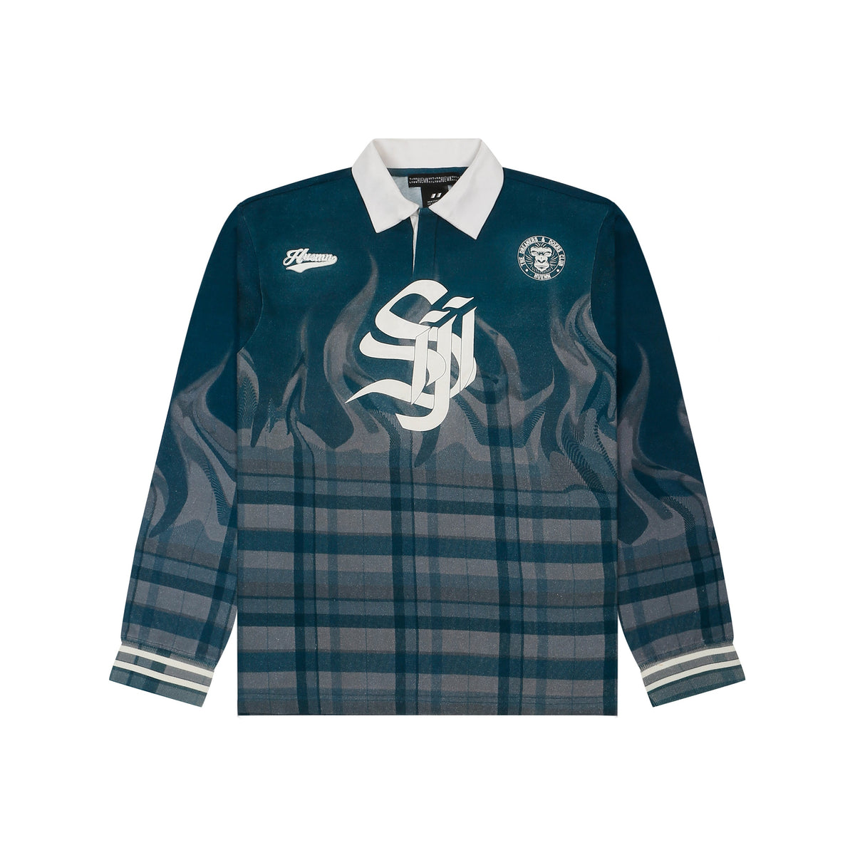Shreyas Iyer x HUEMN 'SI' monogram full sleeved t-shirt in checkered flame pattern (Blue)