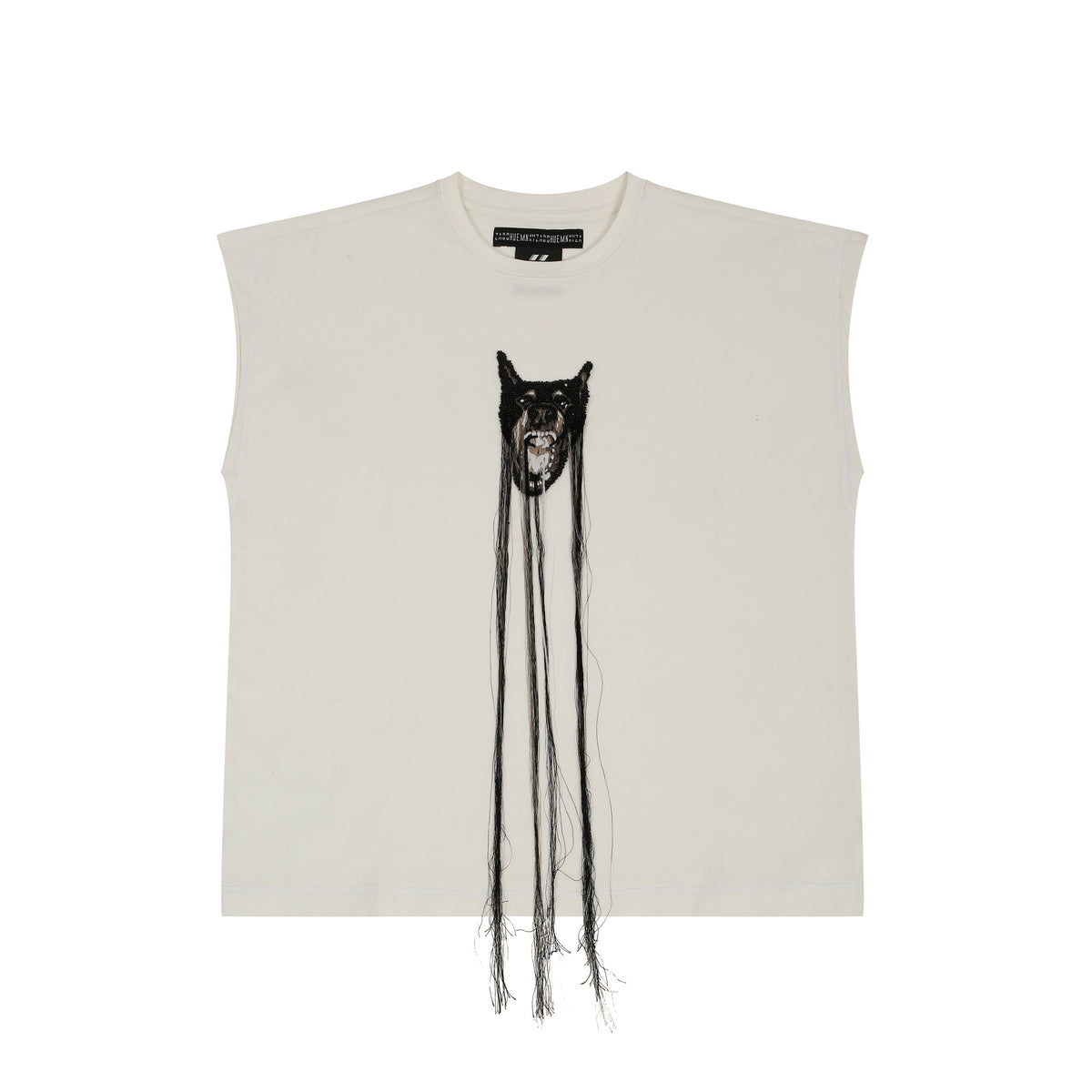 Hand-embroidered canine top with hanging silk threads (Men's) - White