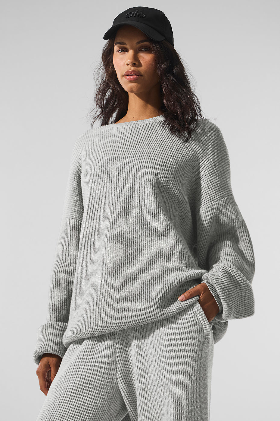 alo Domain Rib Knit Crew Sweater - Athletic Heather Grey