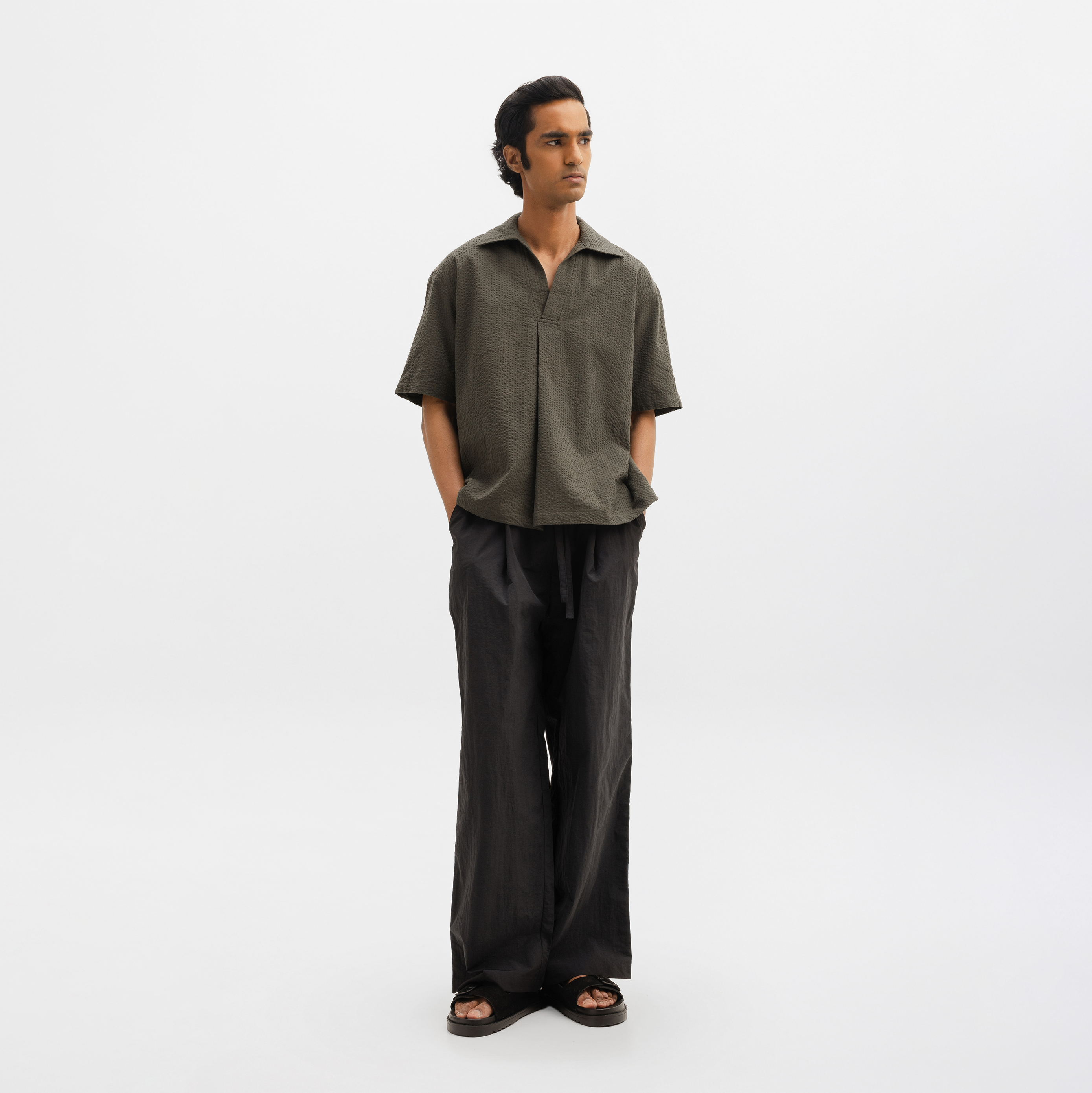 WIDE LEG NYLON PANTS - BLACK