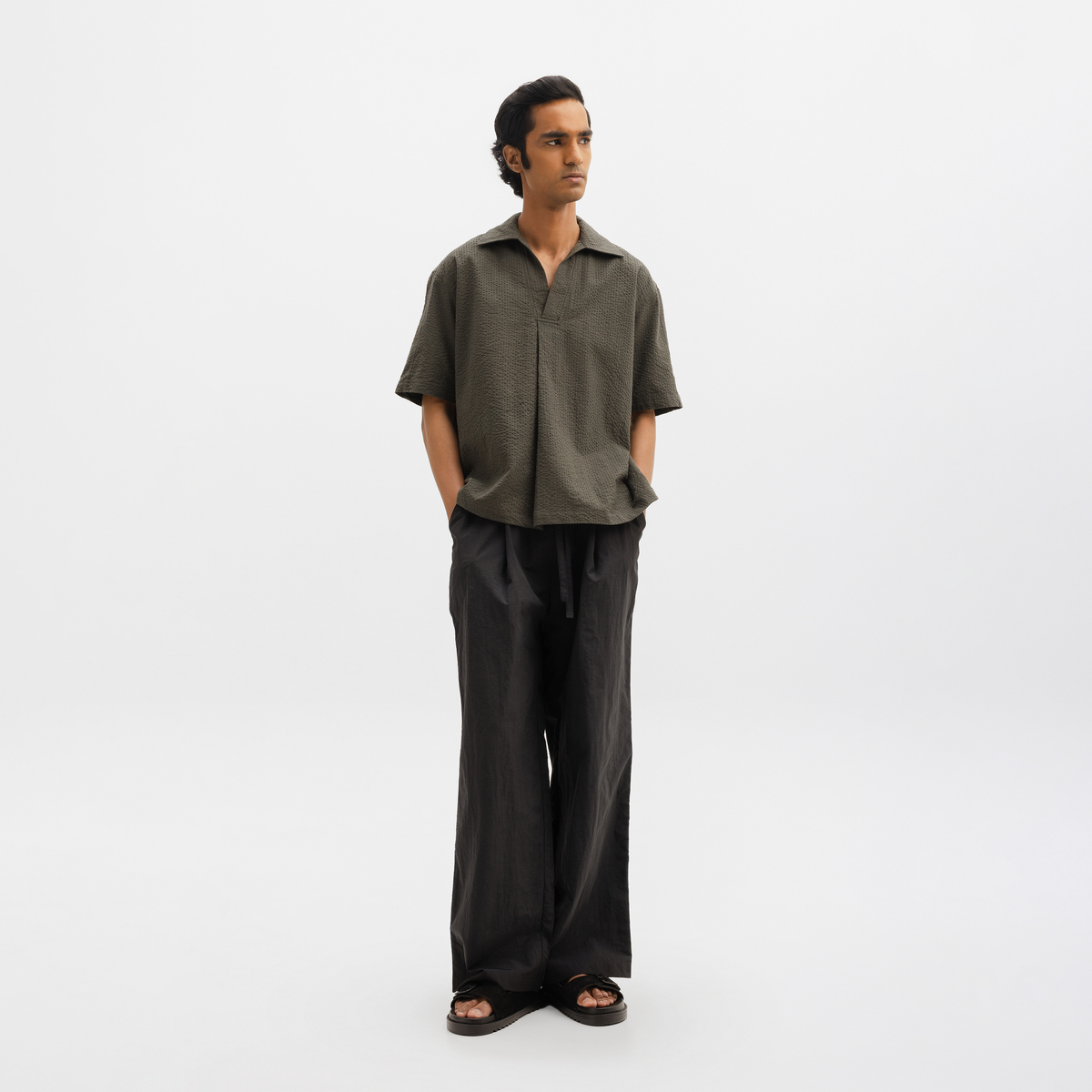 WIDE LEG NYLON PANTS - BLACK