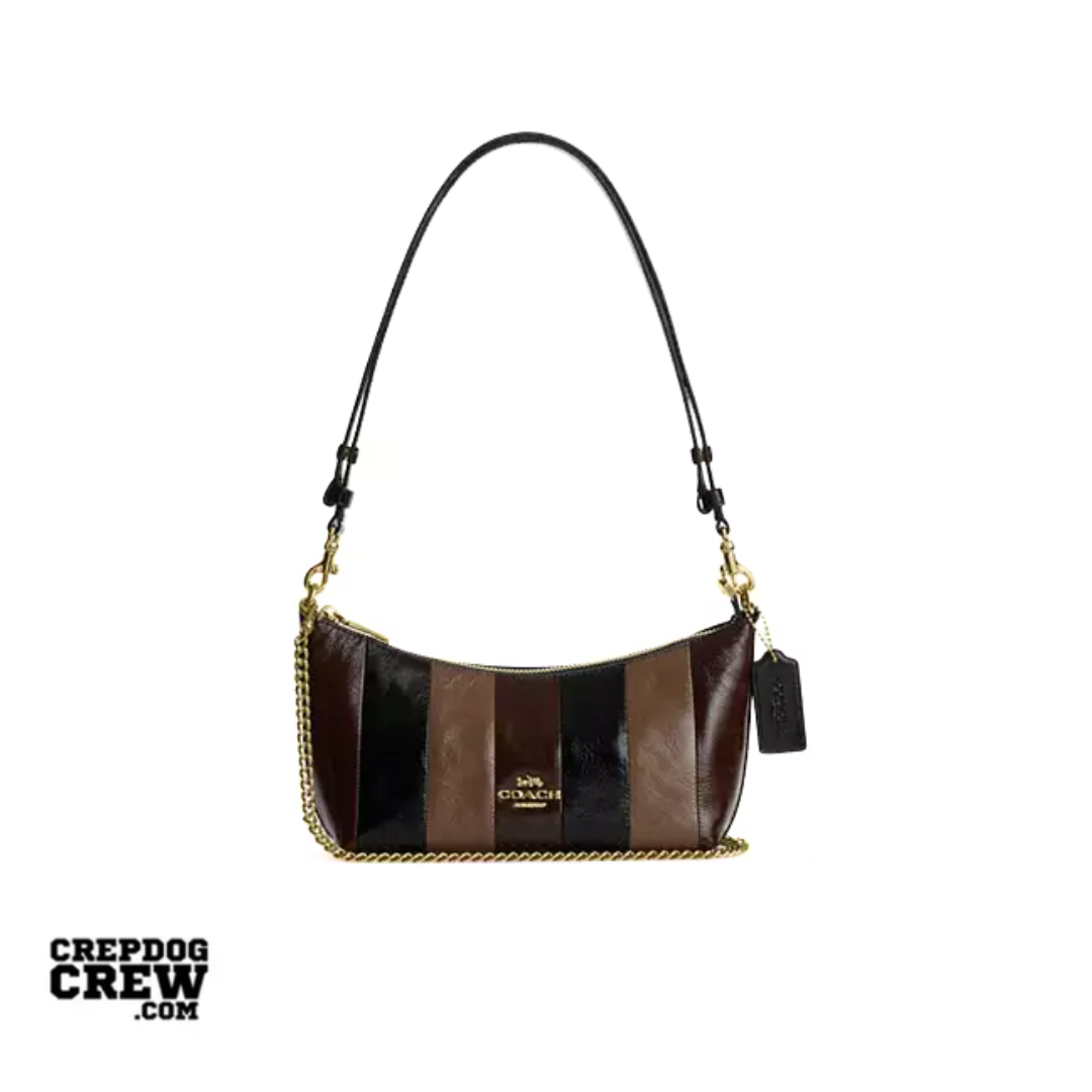 COACH Caitlin Shoulder Bag With Striped Patchwork crinkle leather Gold Black Multi