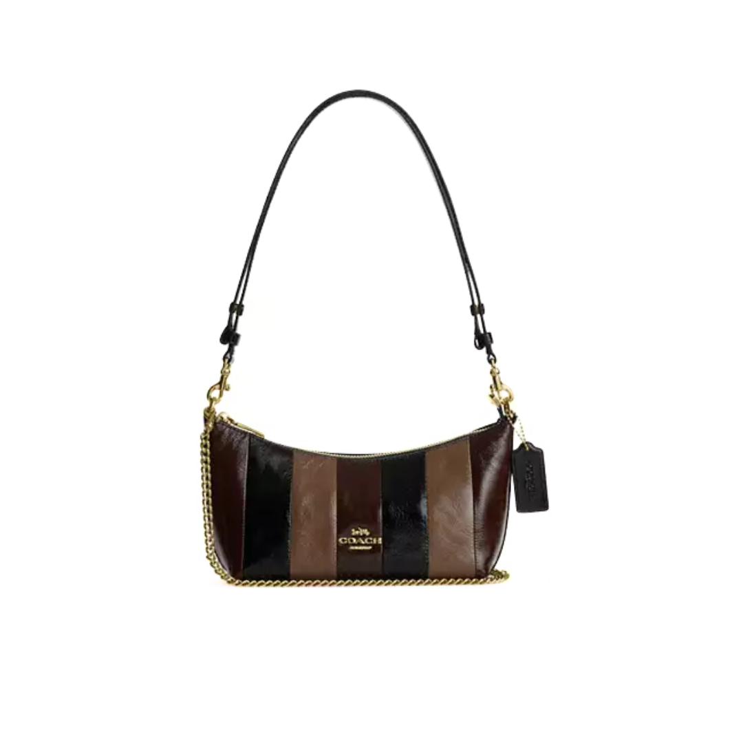 COACH Caitlin Shoulder Bag With Striped Patchwork crinkle leather Gold Black Multi