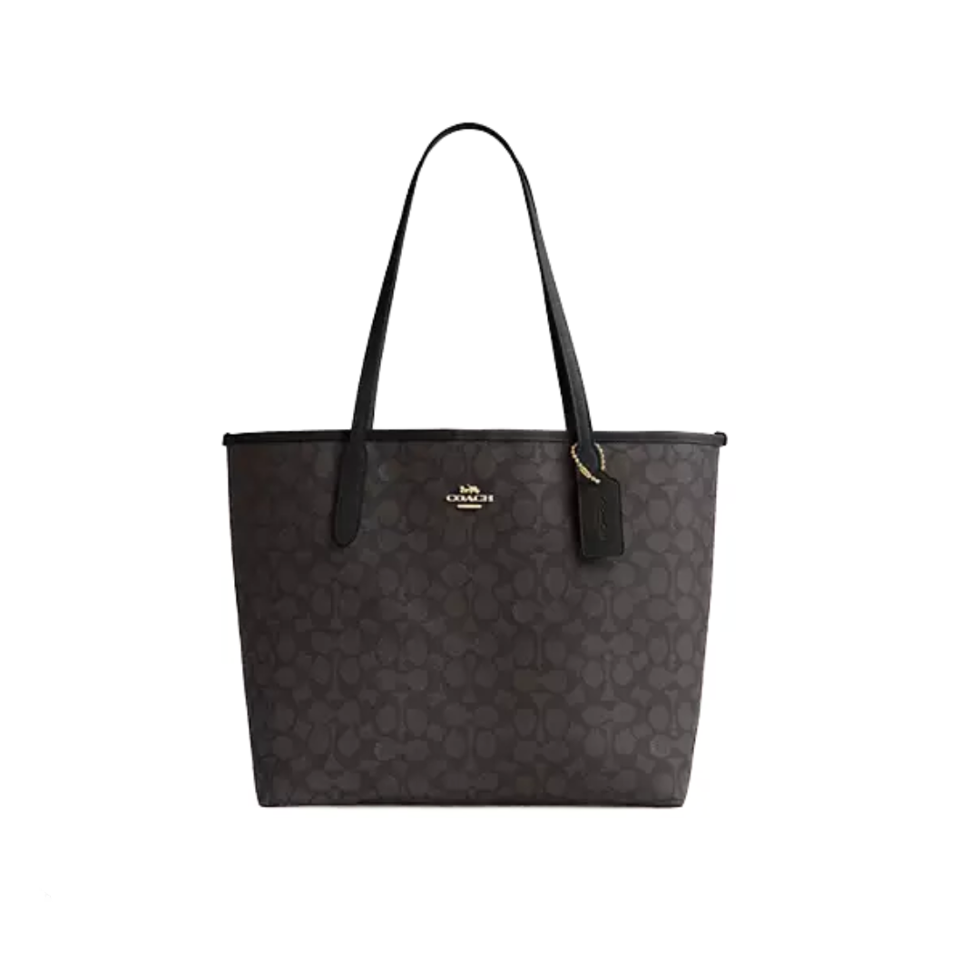 Coach City Tote Bag In Signature Canvas Gold Walnut Black