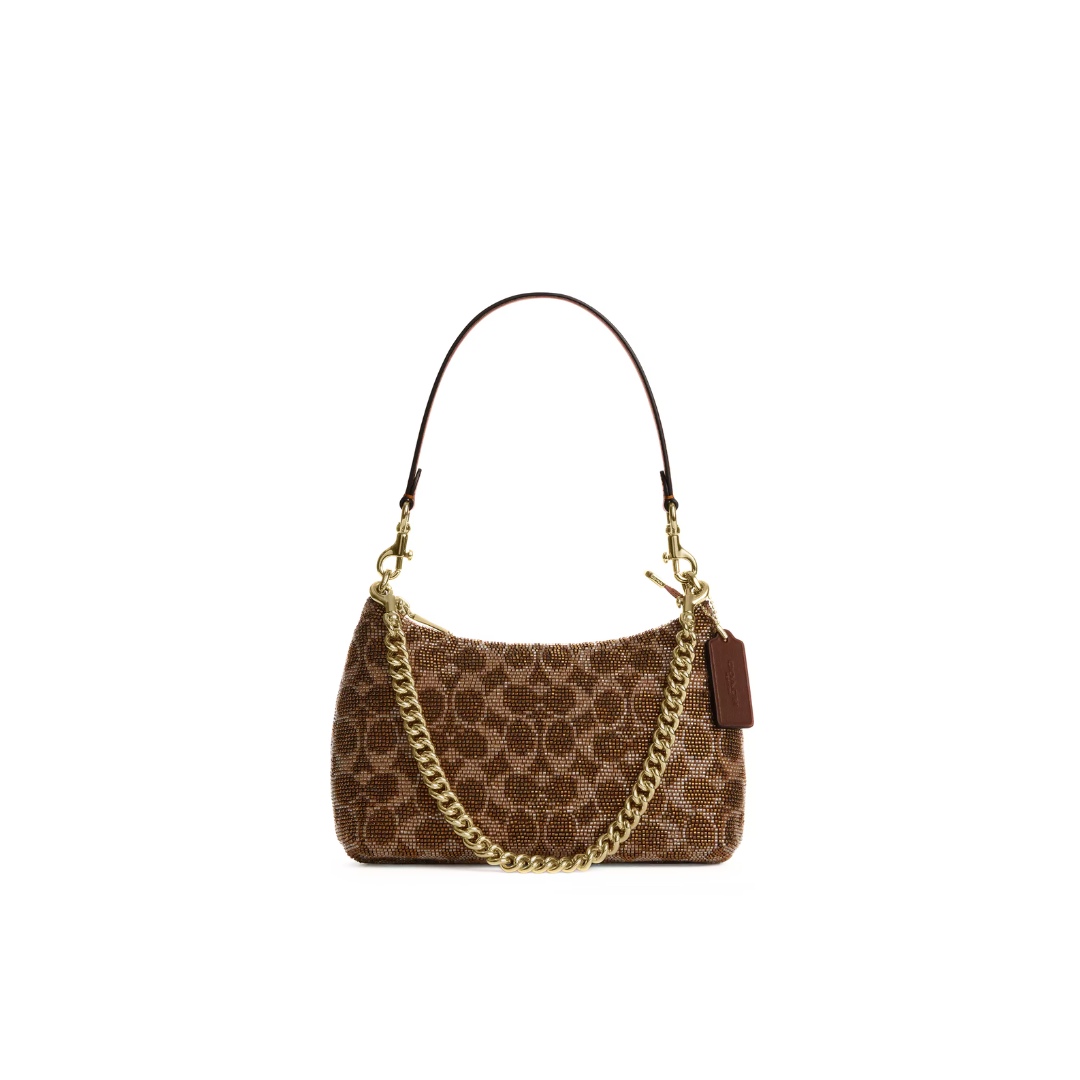 Coach Teri Shoulder Bag In Signature Beaded Satin Gold Tan