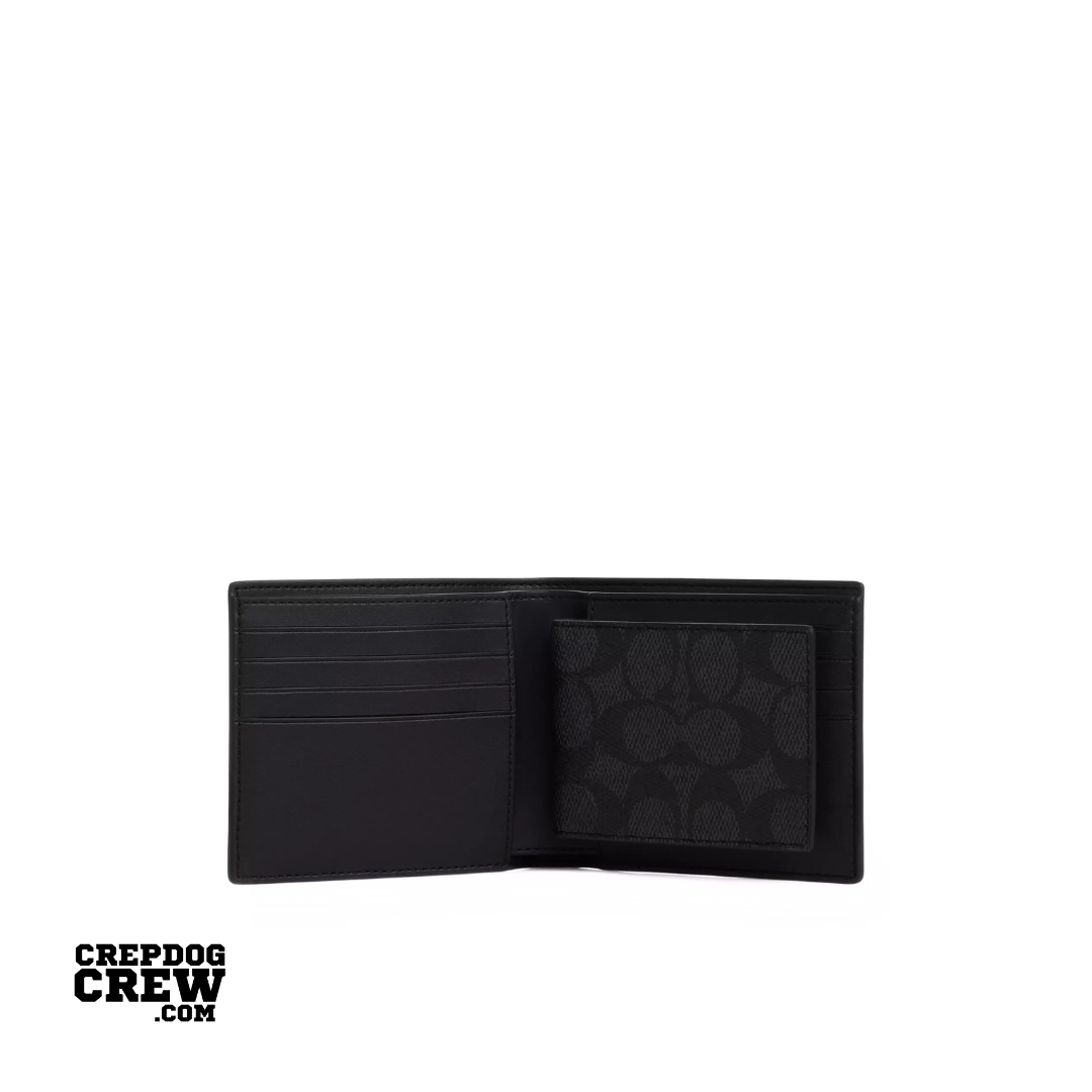 Coach Boxed 3-In-1 Wallet Gift Set signature canvas Gunmetal Charcoal Black