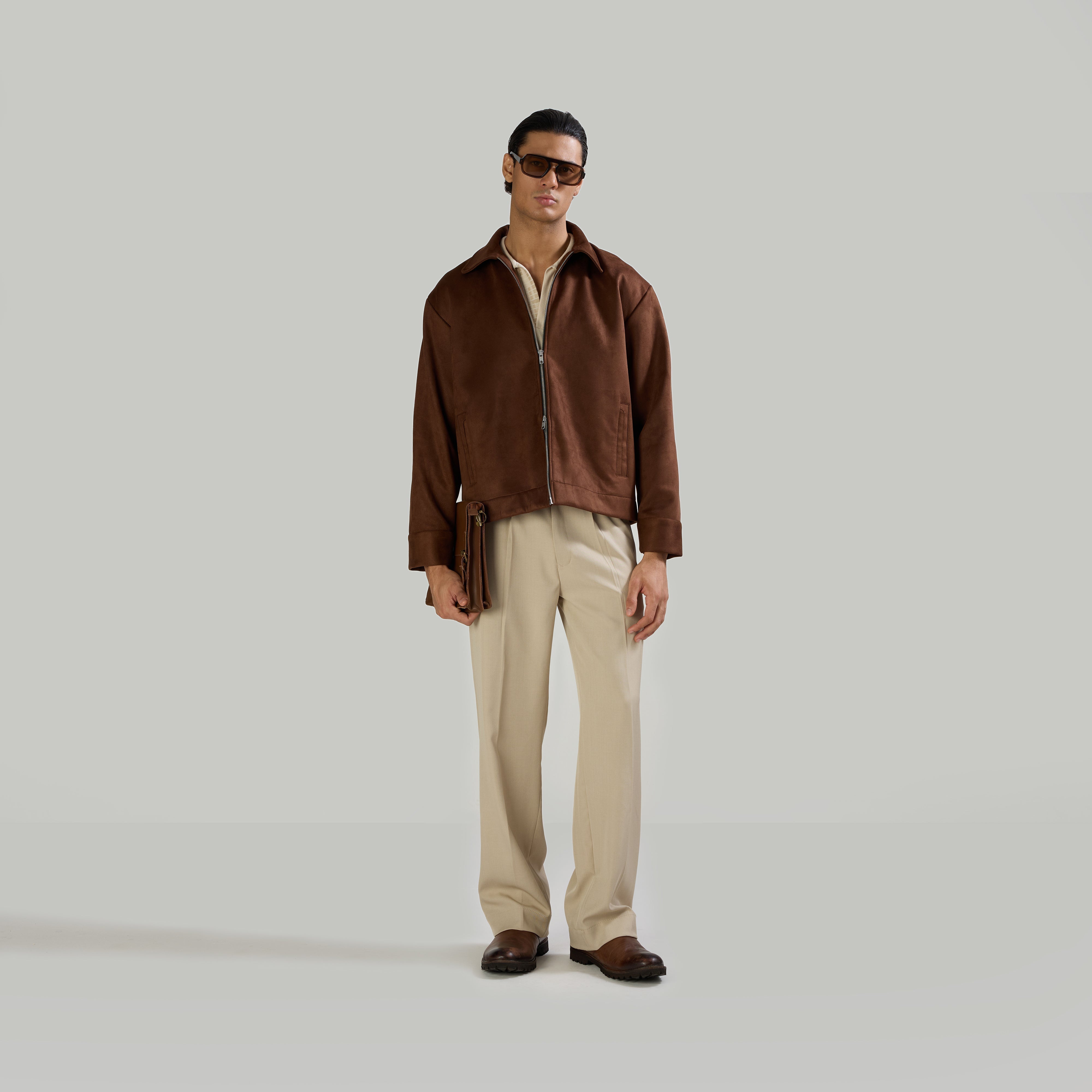 SUEDE TWO-WAY ZIP JACKET - BROWN