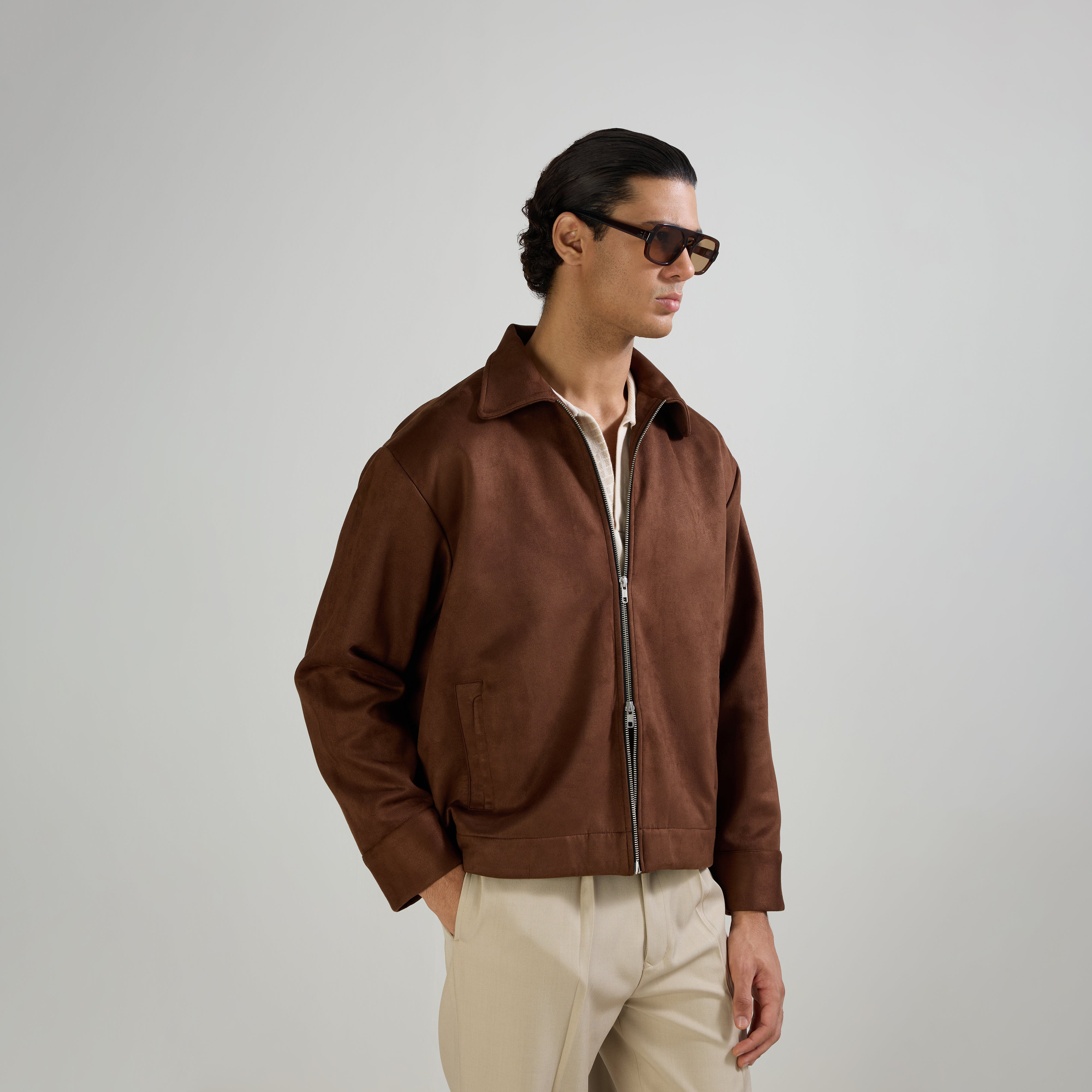 SUEDE TWO-WAY ZIP JACKET - BROWN