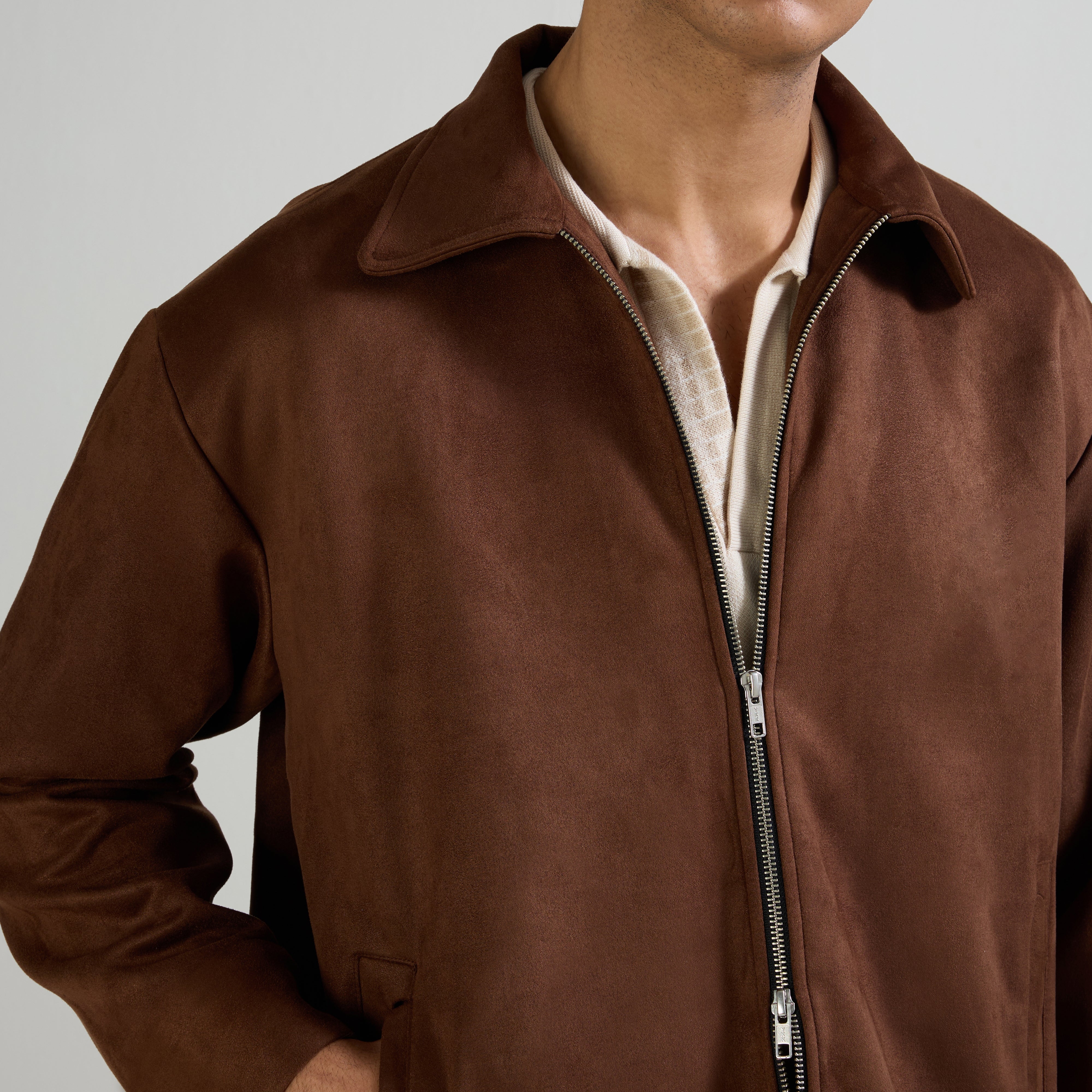 SUEDE TWO-WAY ZIP JACKET - BROWN