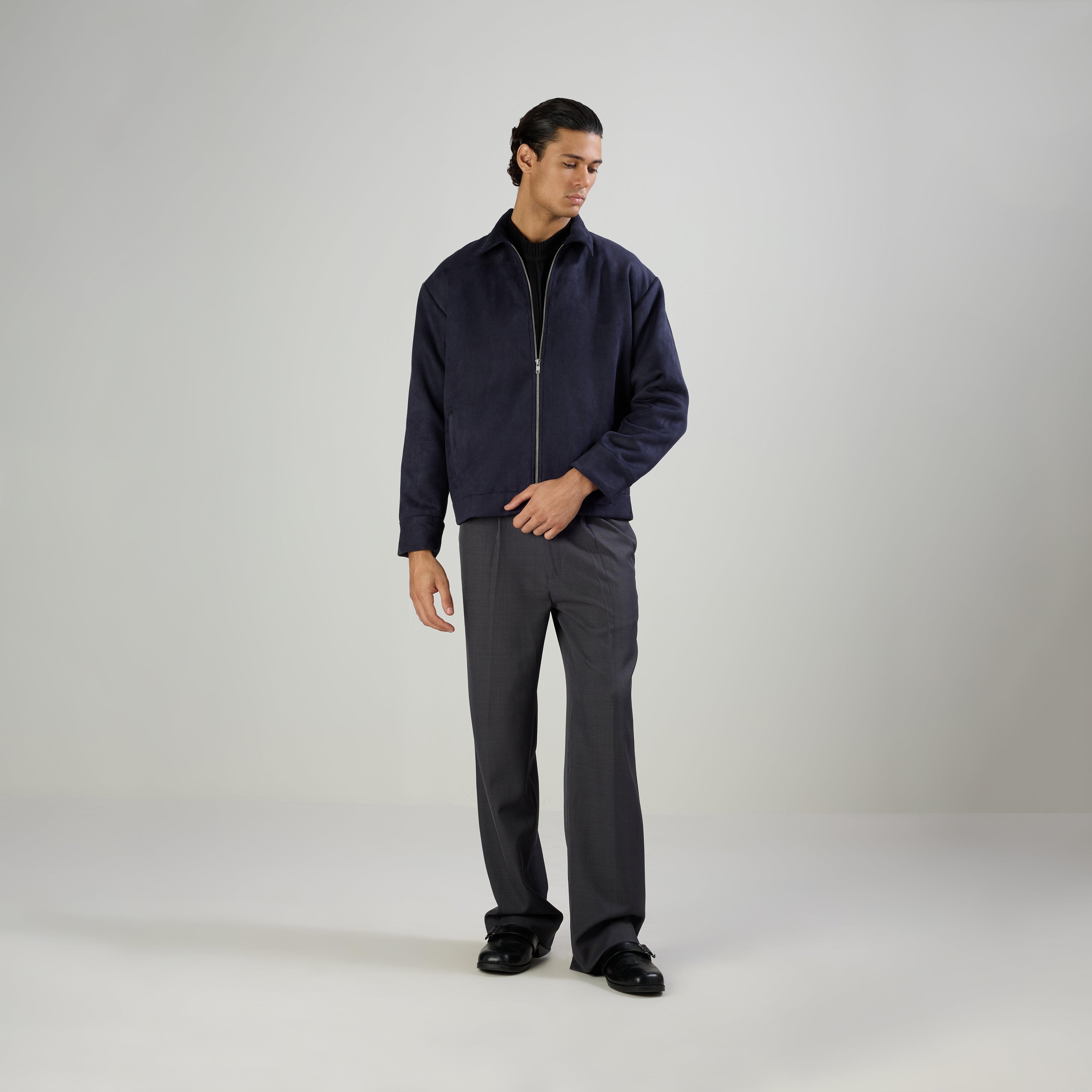 SUEDE TWO-WAY ZIP JACKE - NAVY