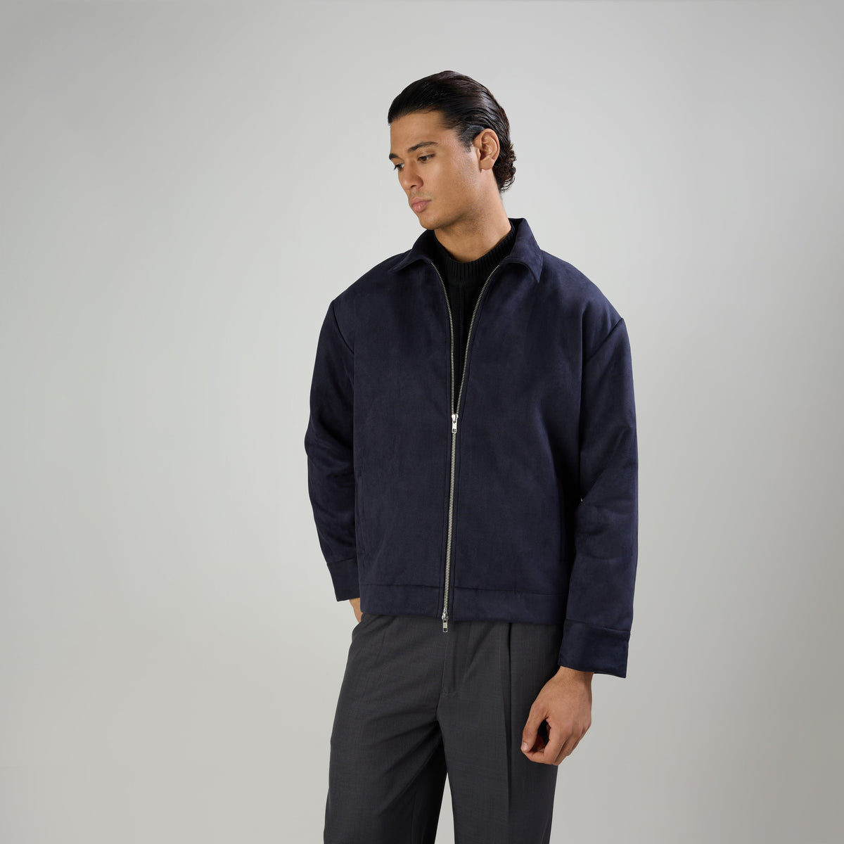 SUEDE TWO-WAY ZIP JACKE - NAVY