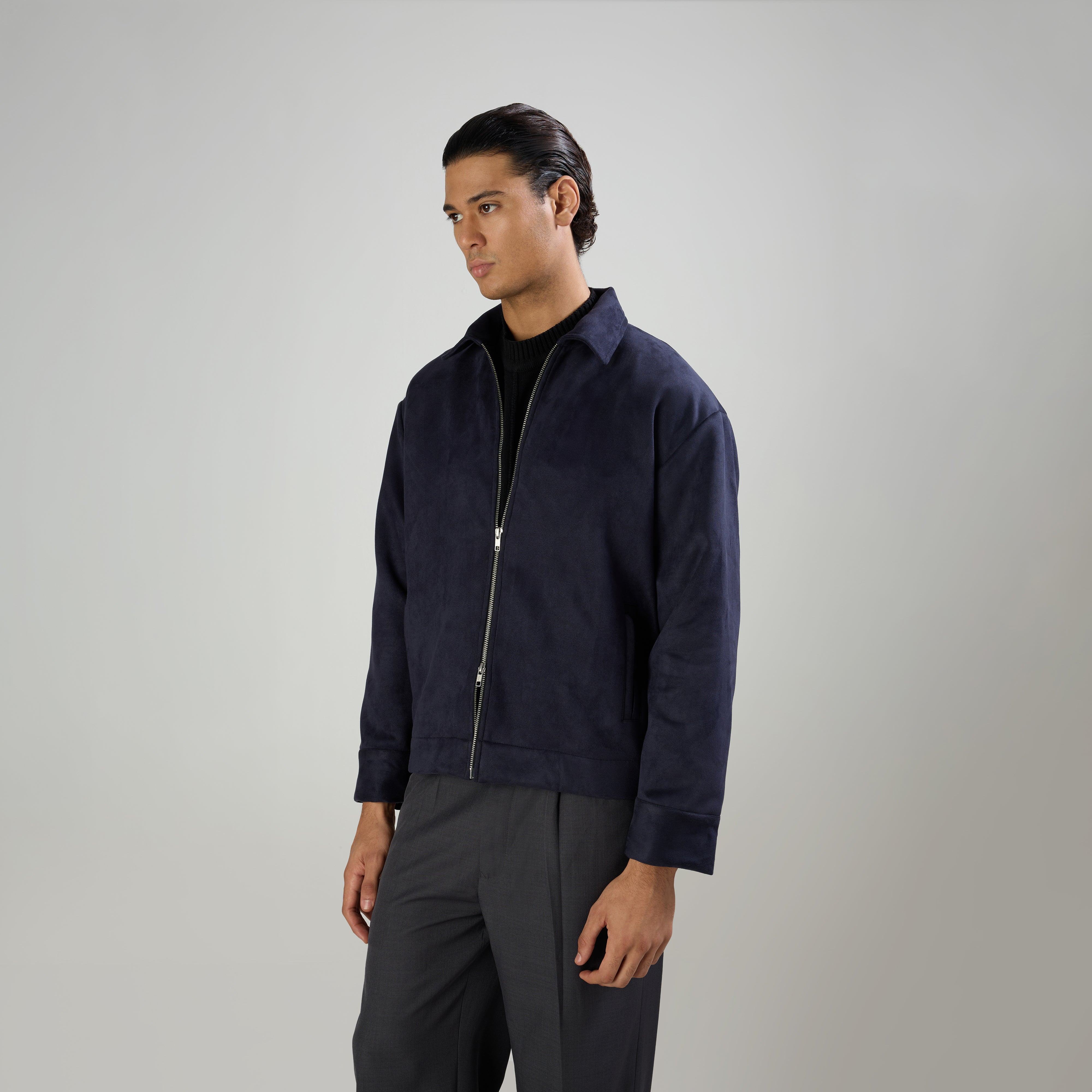 SUEDE TWO-WAY ZIP JACKE - NAVY