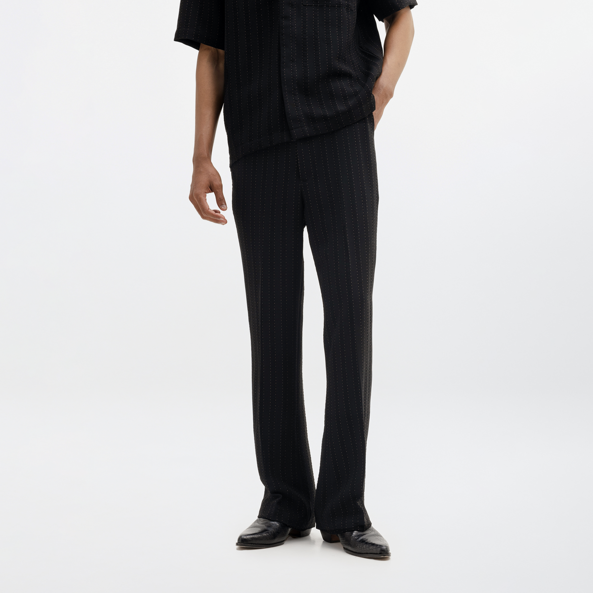 PINSTRIPE YAMAZAKI PANTS- JET BLACK