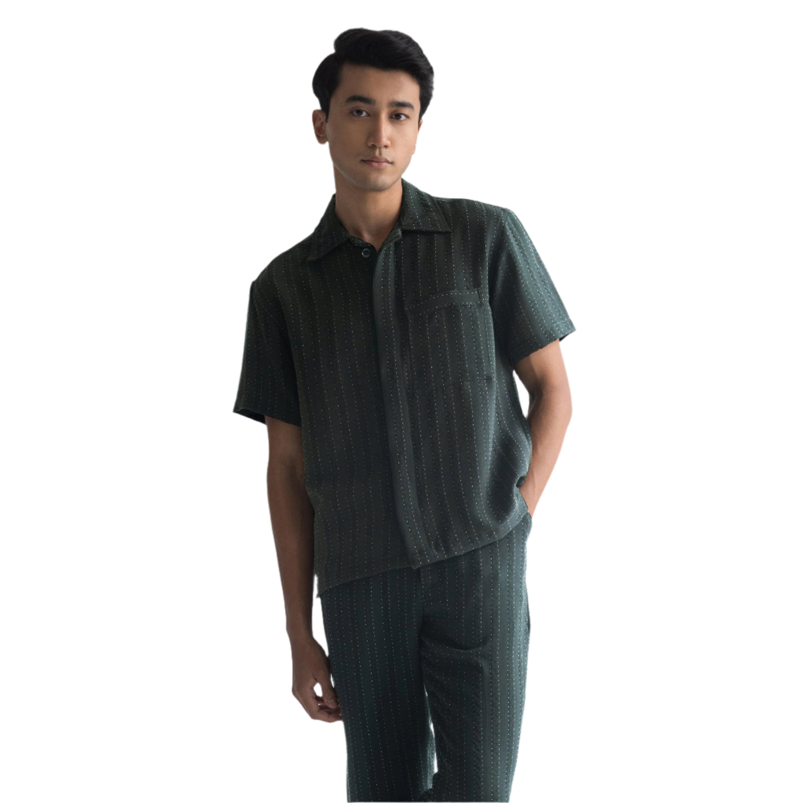PINSTRIPE CUBAN SHIRT - FOREST GREEN