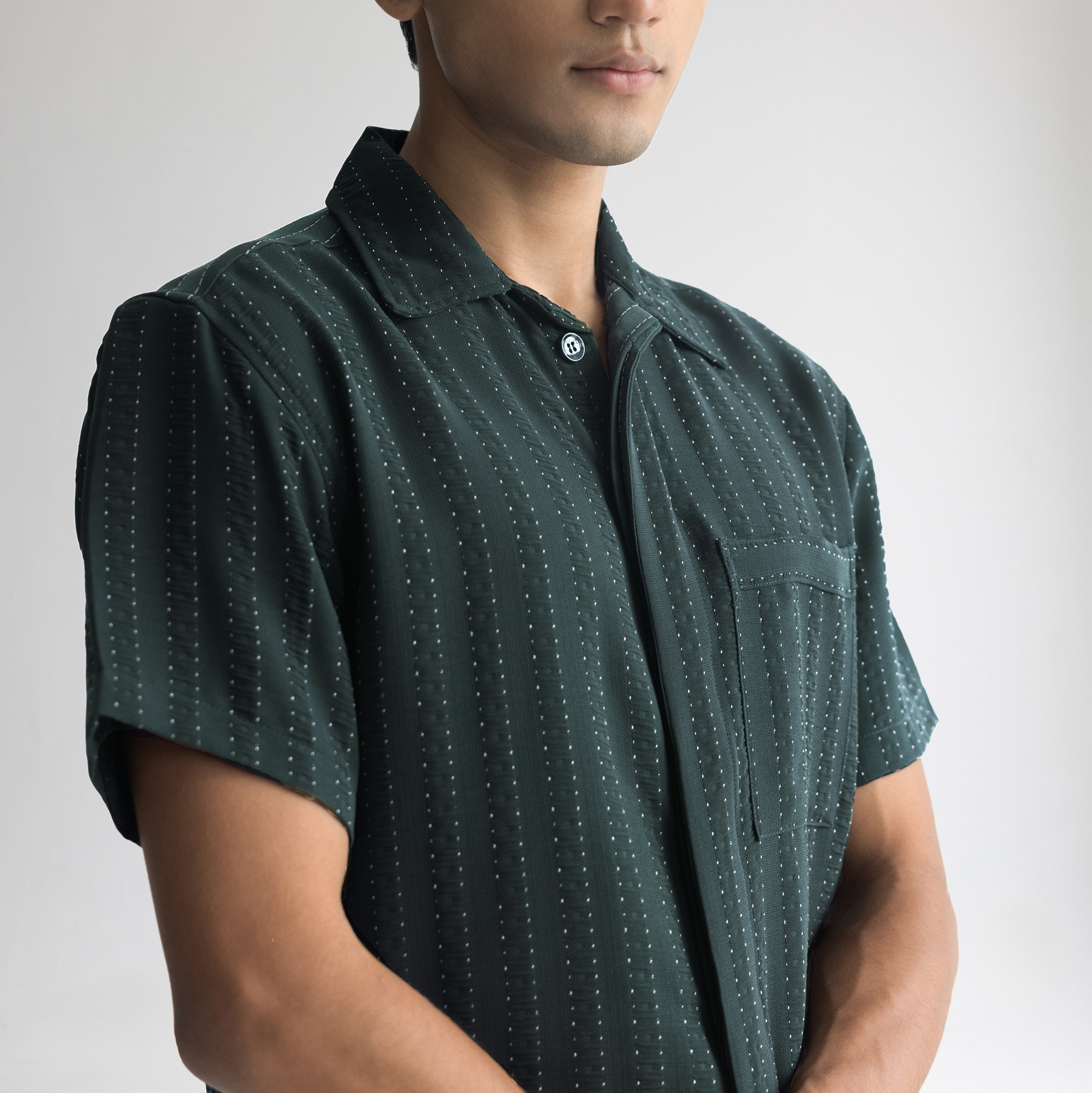 PINSTRIPE CUBAN SHIRT - FOREST GREEN