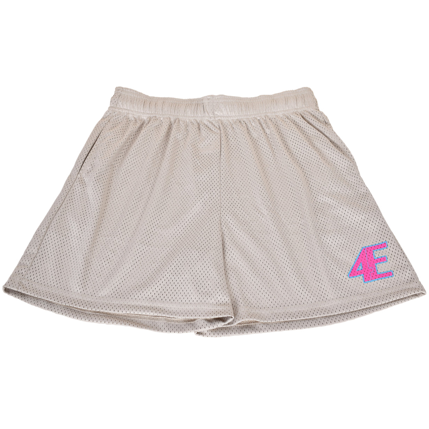 Beige mesh shorts with a pink and blue logo on a white background - Crepdog Crew