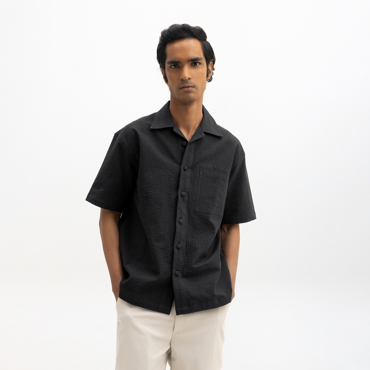 SEER SUCKER CUBAN SHIRT - BLACK