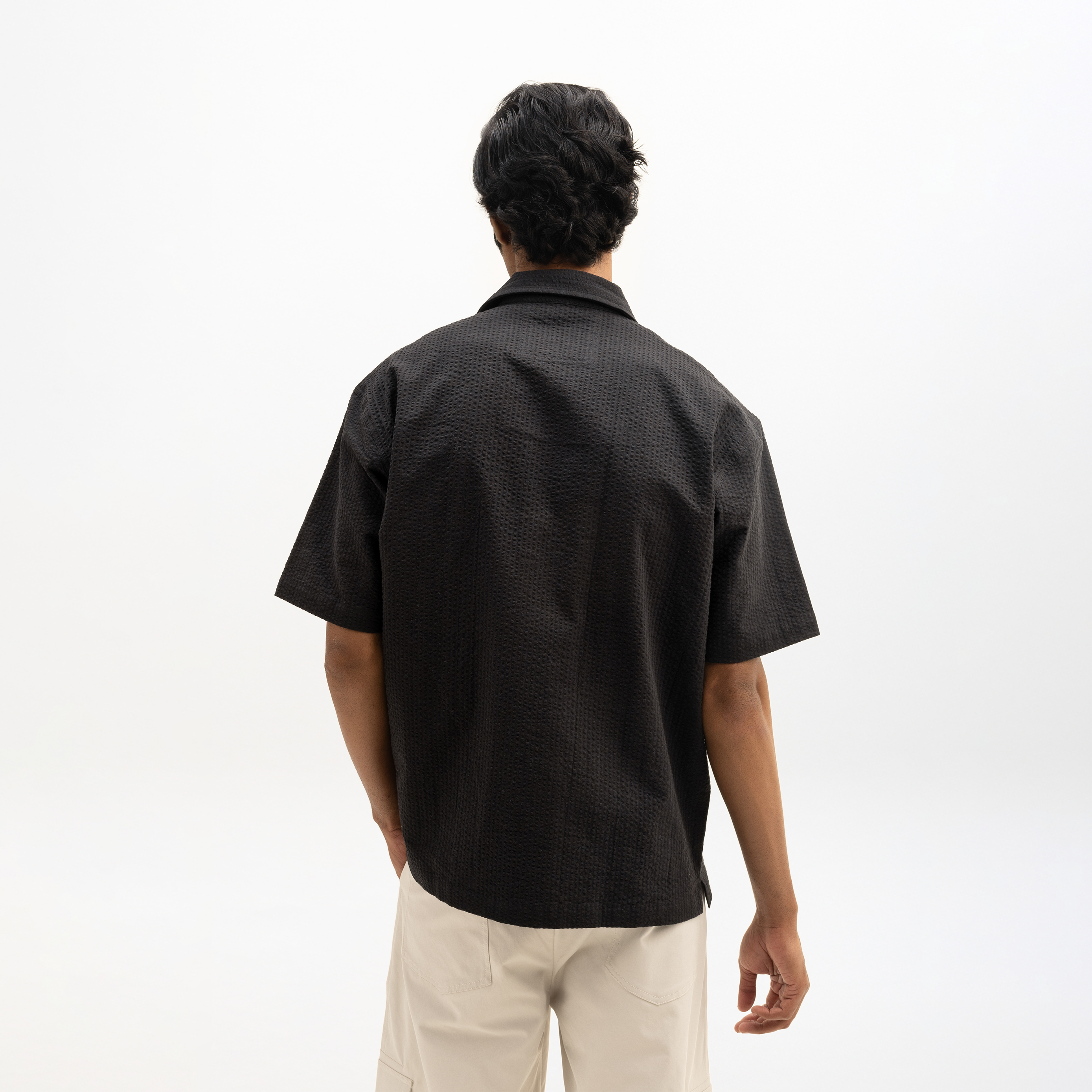 SEER SUCKER CUBAN SHIRT - BLACK