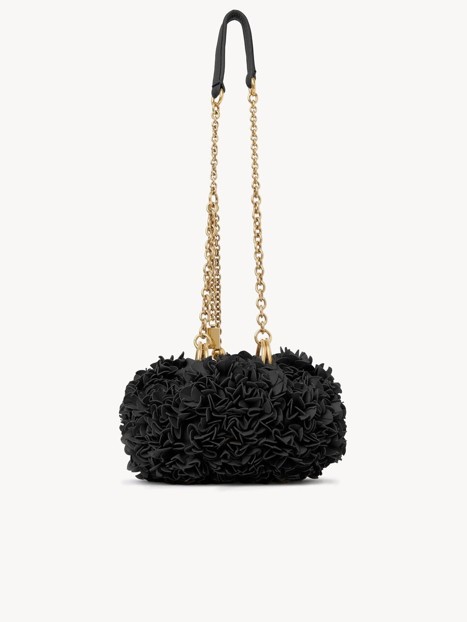CHLOE Plissé shoulder bag with chain in leather flowers Black