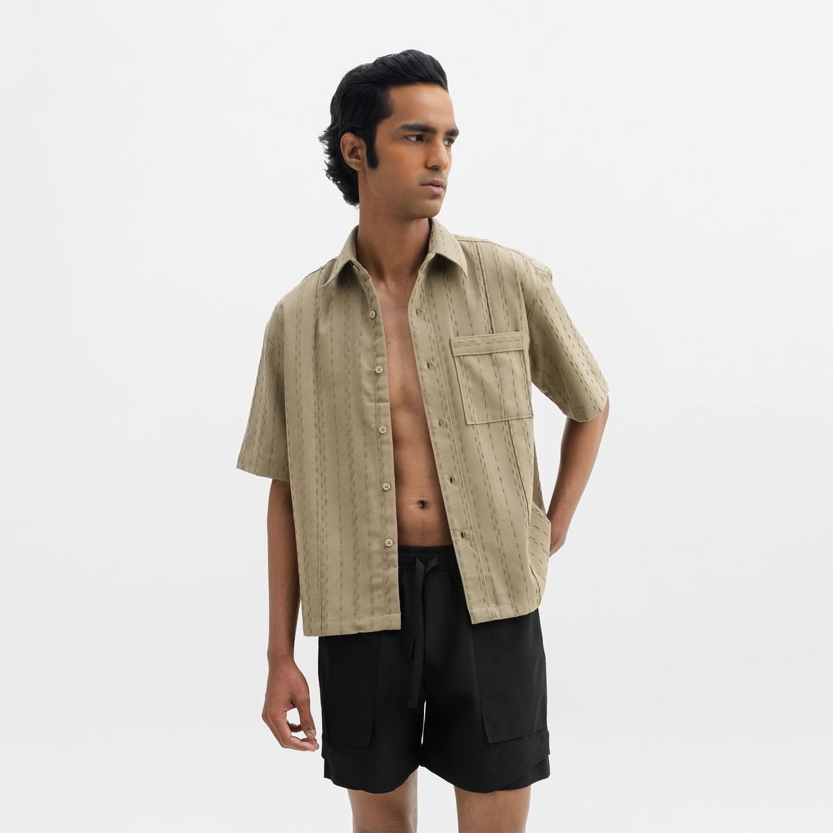 TWO TONED TWISTED YARN SHIRT - BAMBOO GREEN