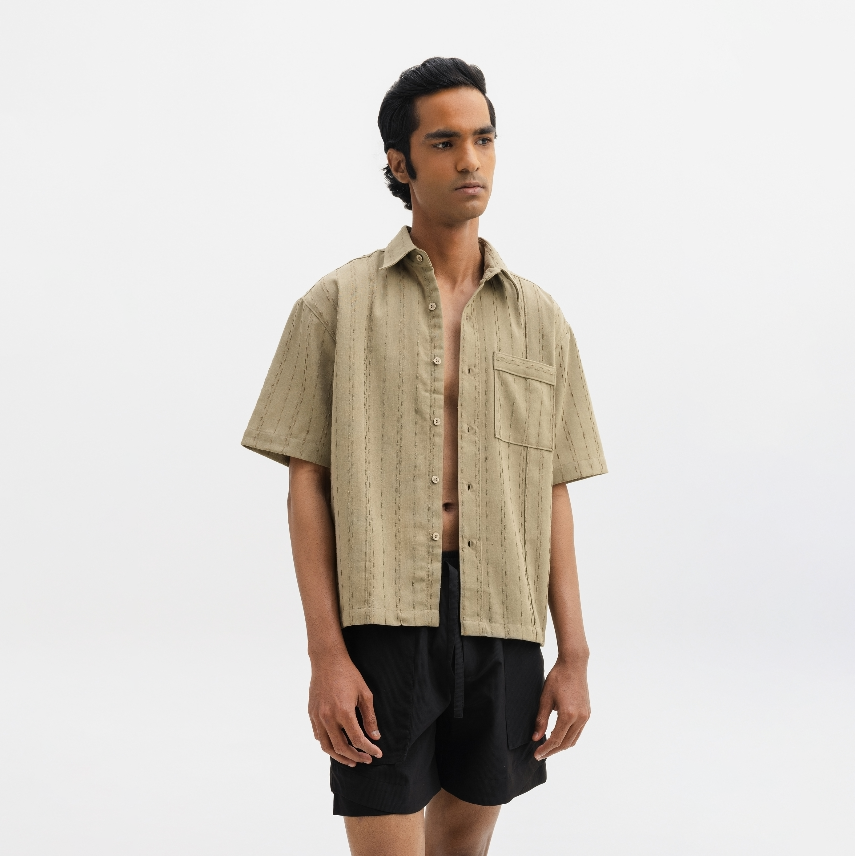 TWO TONED TWISTED YARN SHIRT - BAMBOO GREEN