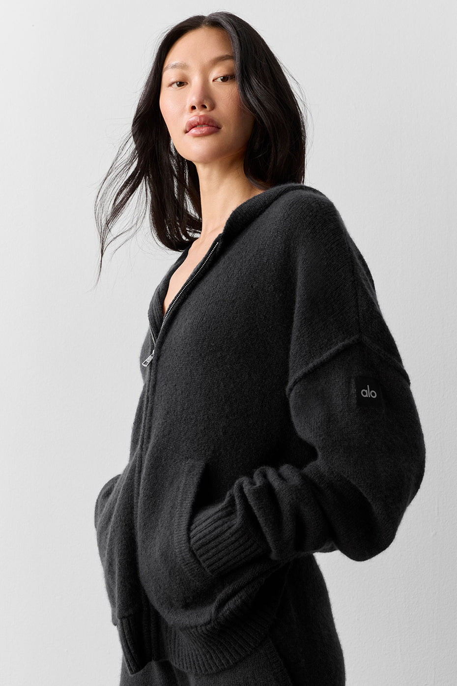 alo Wool Cashmere New Class Full Zip Hoodie - Black