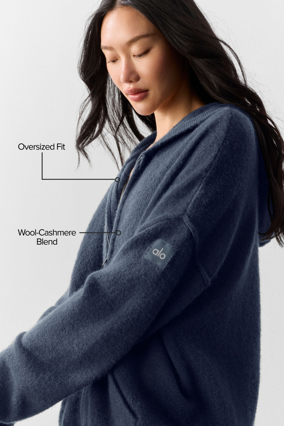 alo Wool Cashmere New Class Full Zip Hoodie - Navy