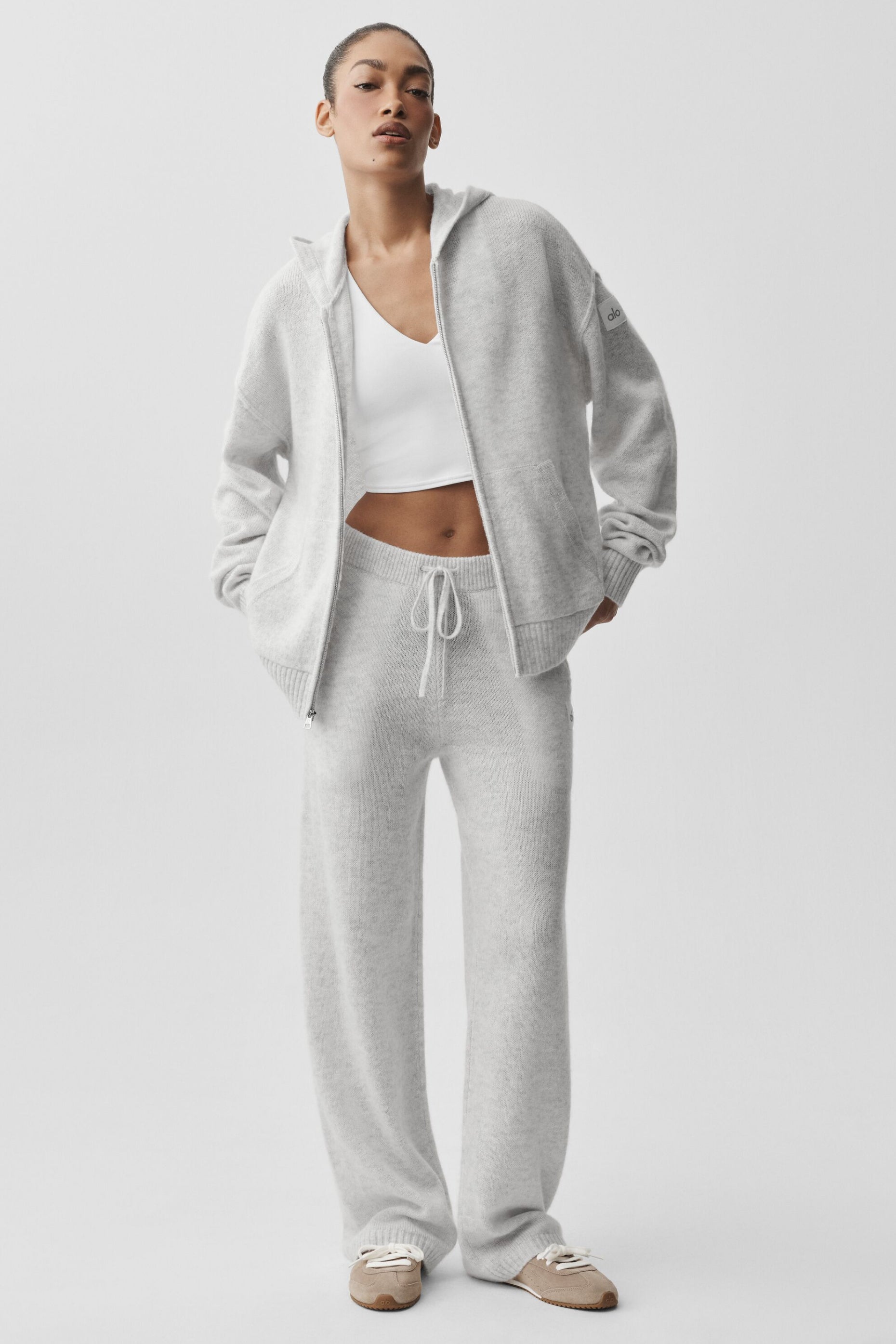 alo Wool Cashmere New Class Full Zip Hoodie - White Heather