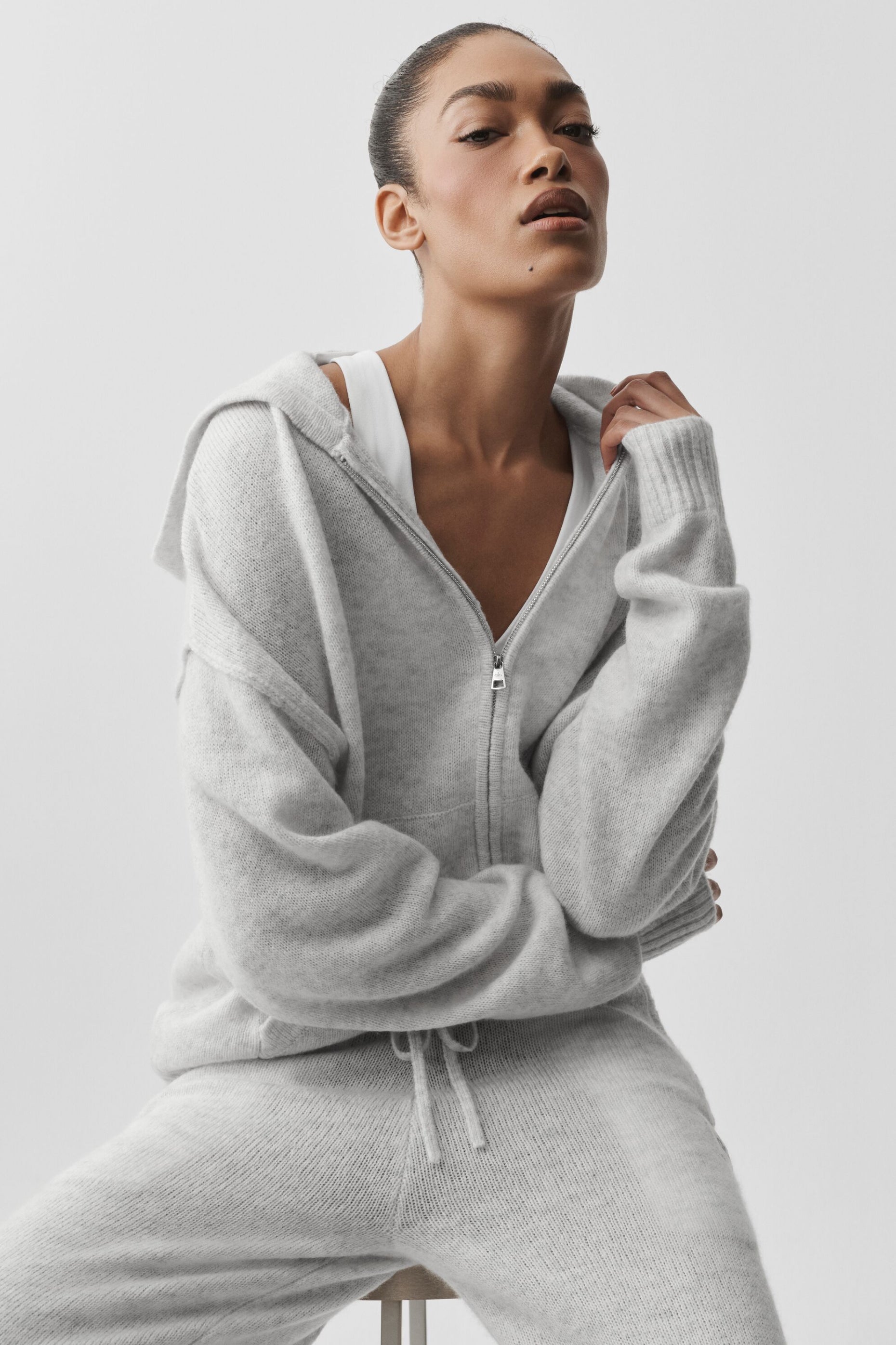 alo Wool Cashmere New Class Full Zip Hoodie - White Heather