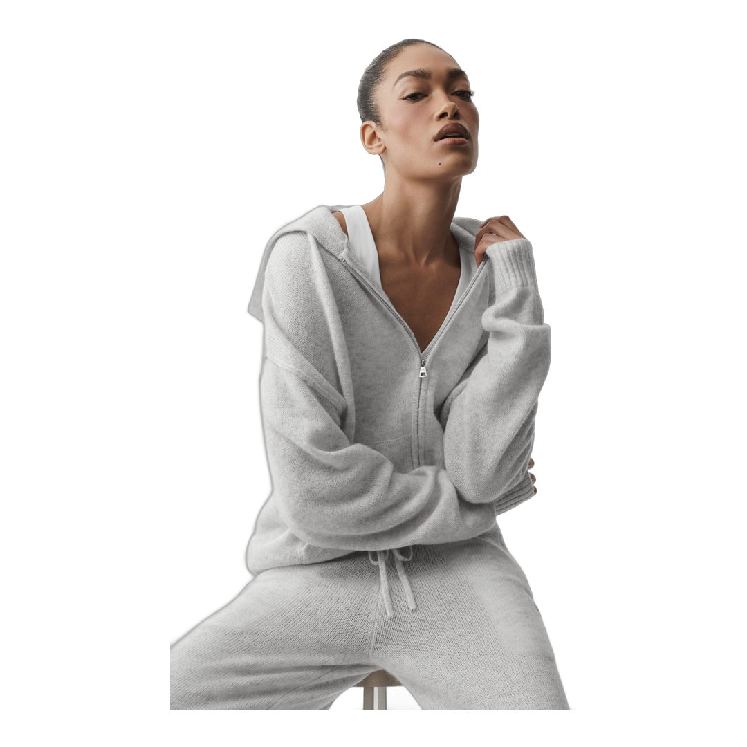 alo Wool Cashmere New Class Full Zip Hoodie - White Heather