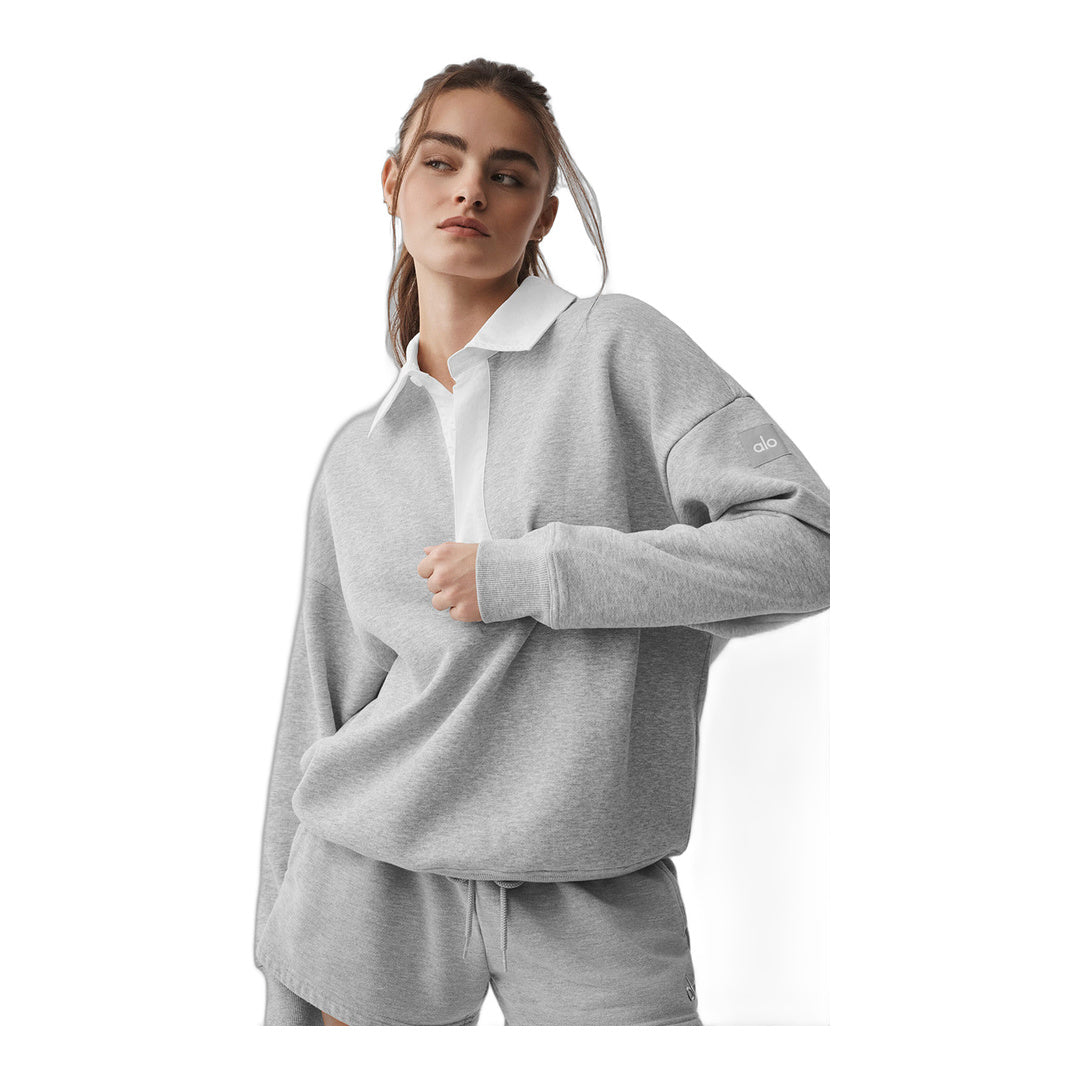 alo Take It Easy Long Sleeve Henley Pullover - Athletic Heather Grey/White