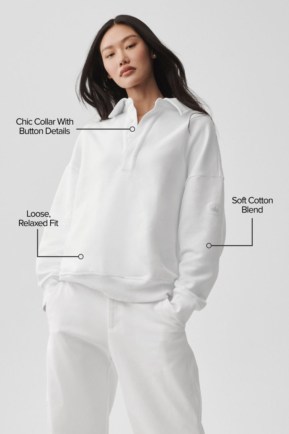alo Take It Easy Long Sleeve Henley Pullover - White