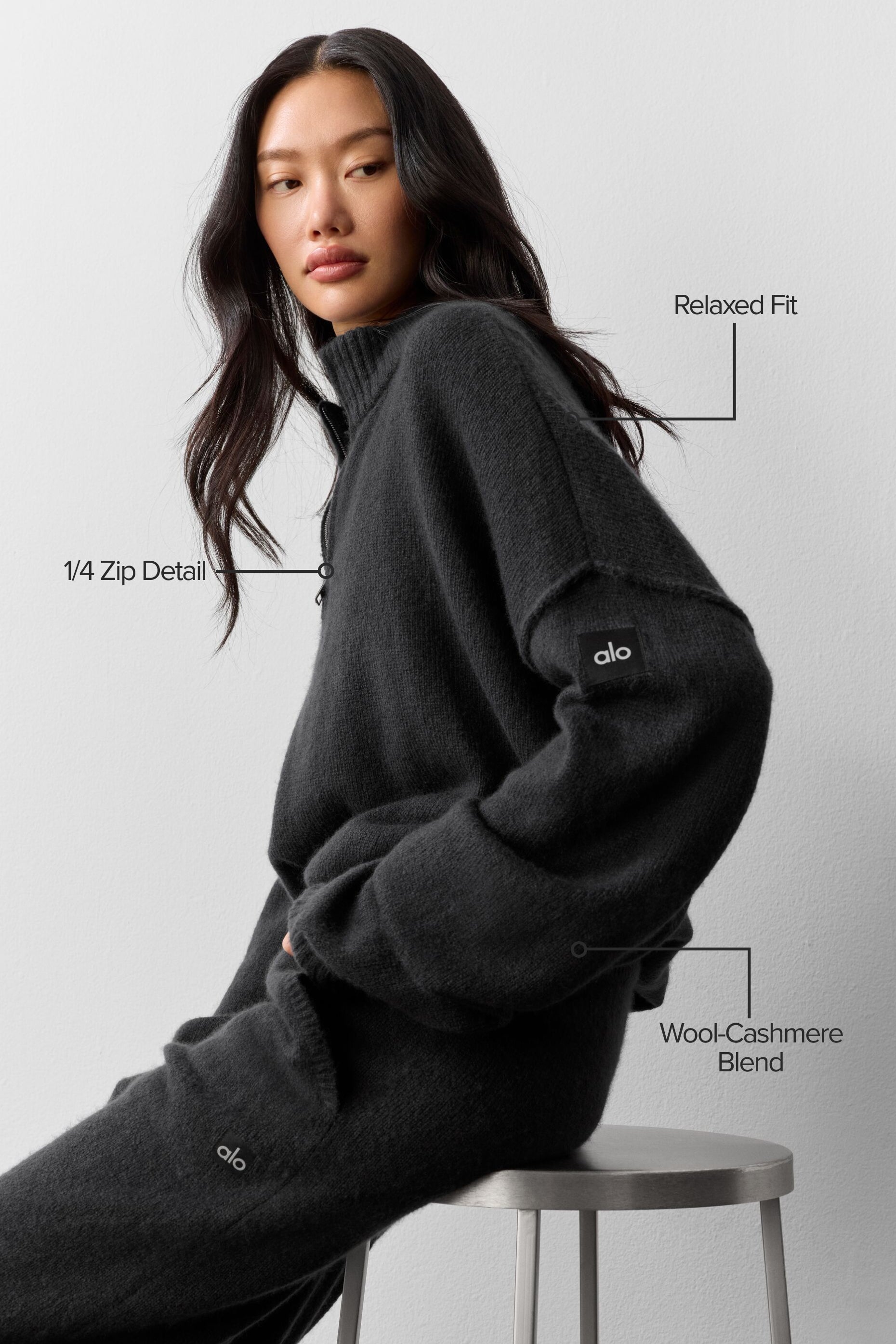 alo Wool Cashmere New Class 1/4 Zip Pullover - Black