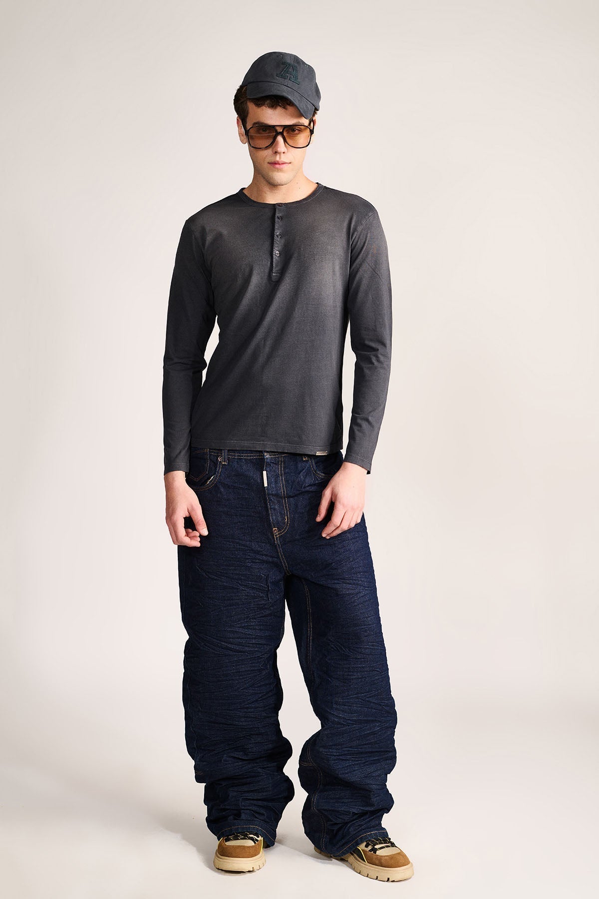 WORN BLACK HENLEY- TEE