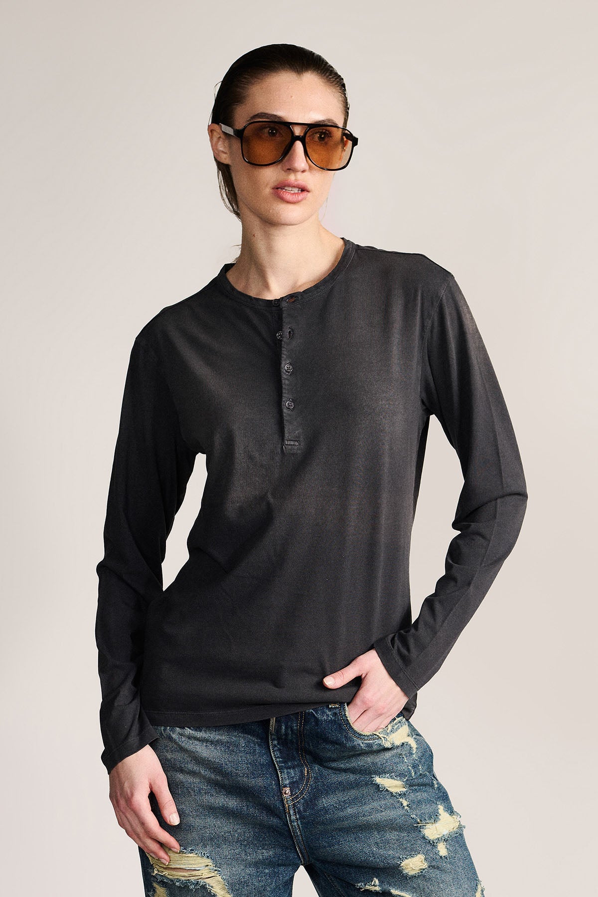 WORN BLACK HENLEY- TEE