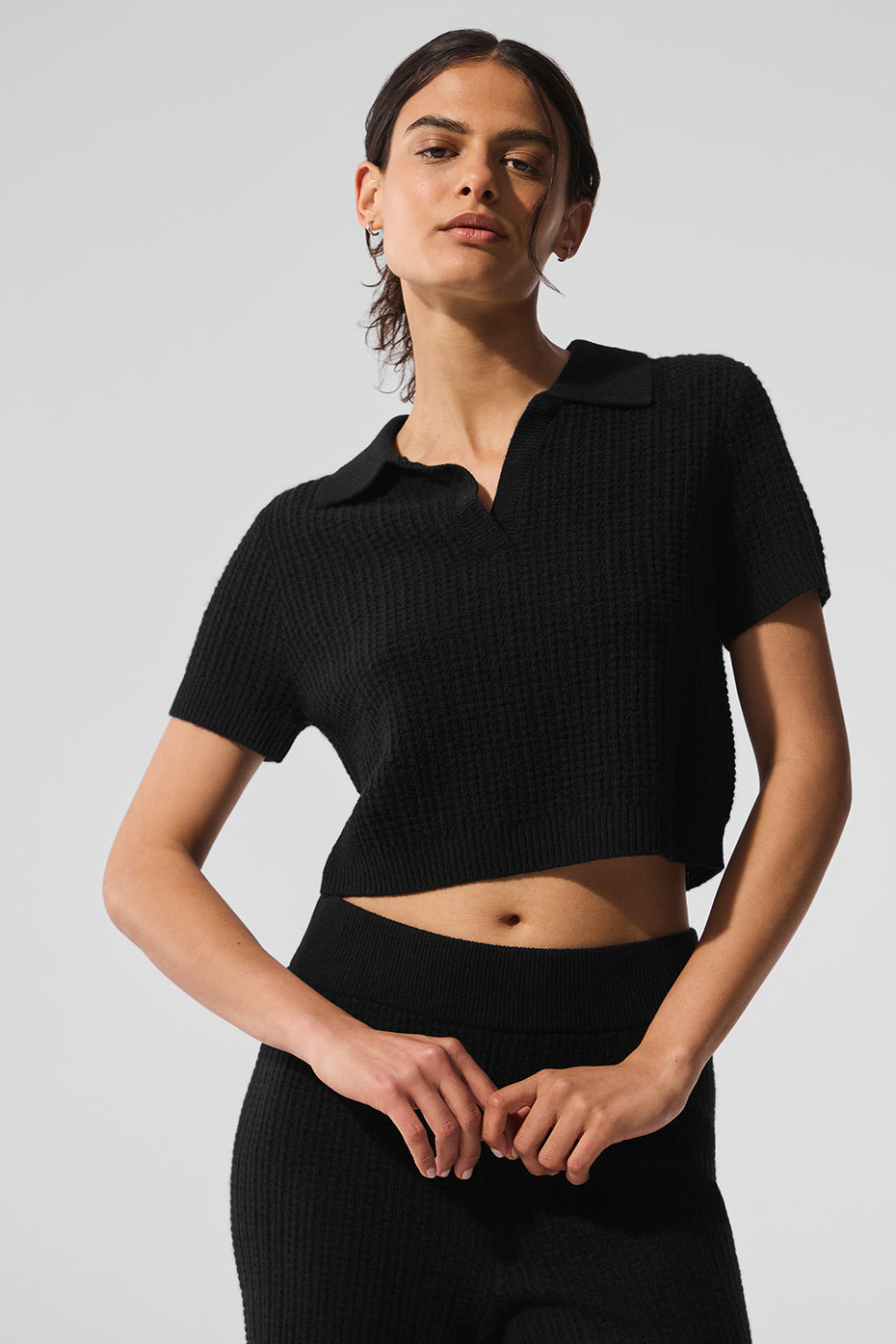 alo Cashmere Plush Waffle Polo Tee - Black