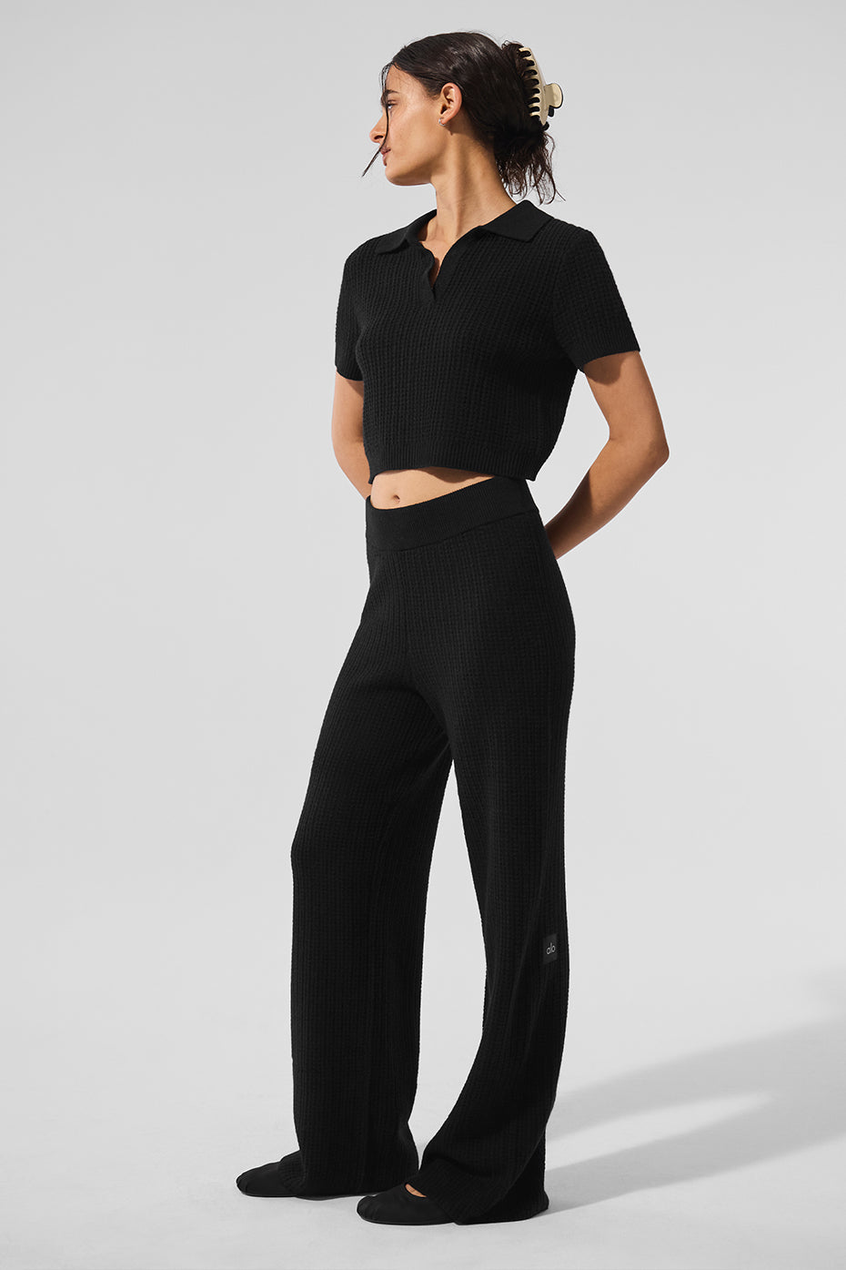 alo Cashmere Plush Waffle Polo Tee - Black