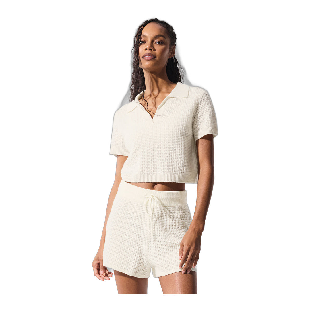 alo Cashmere Plush Waffle Polo Tee - Ivory