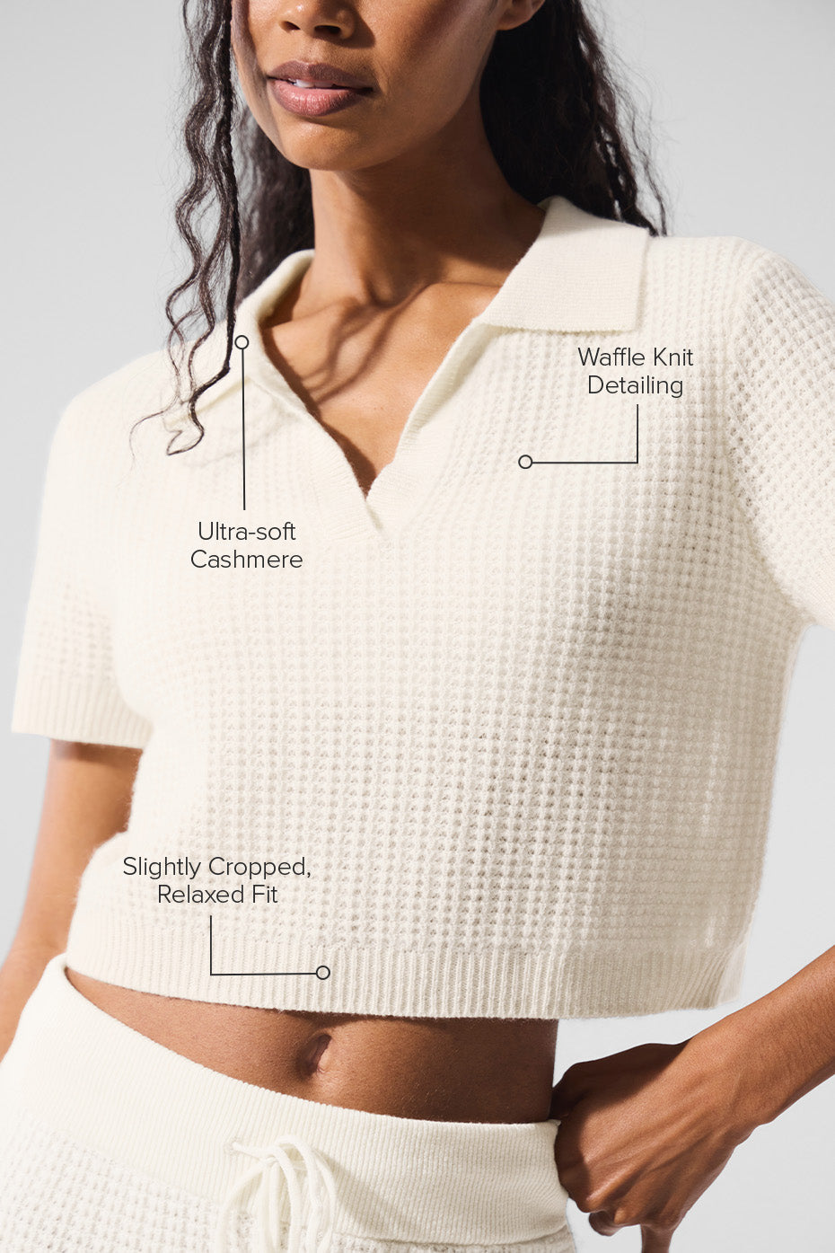 alo Cashmere Plush Waffle Polo Tee - Ivory