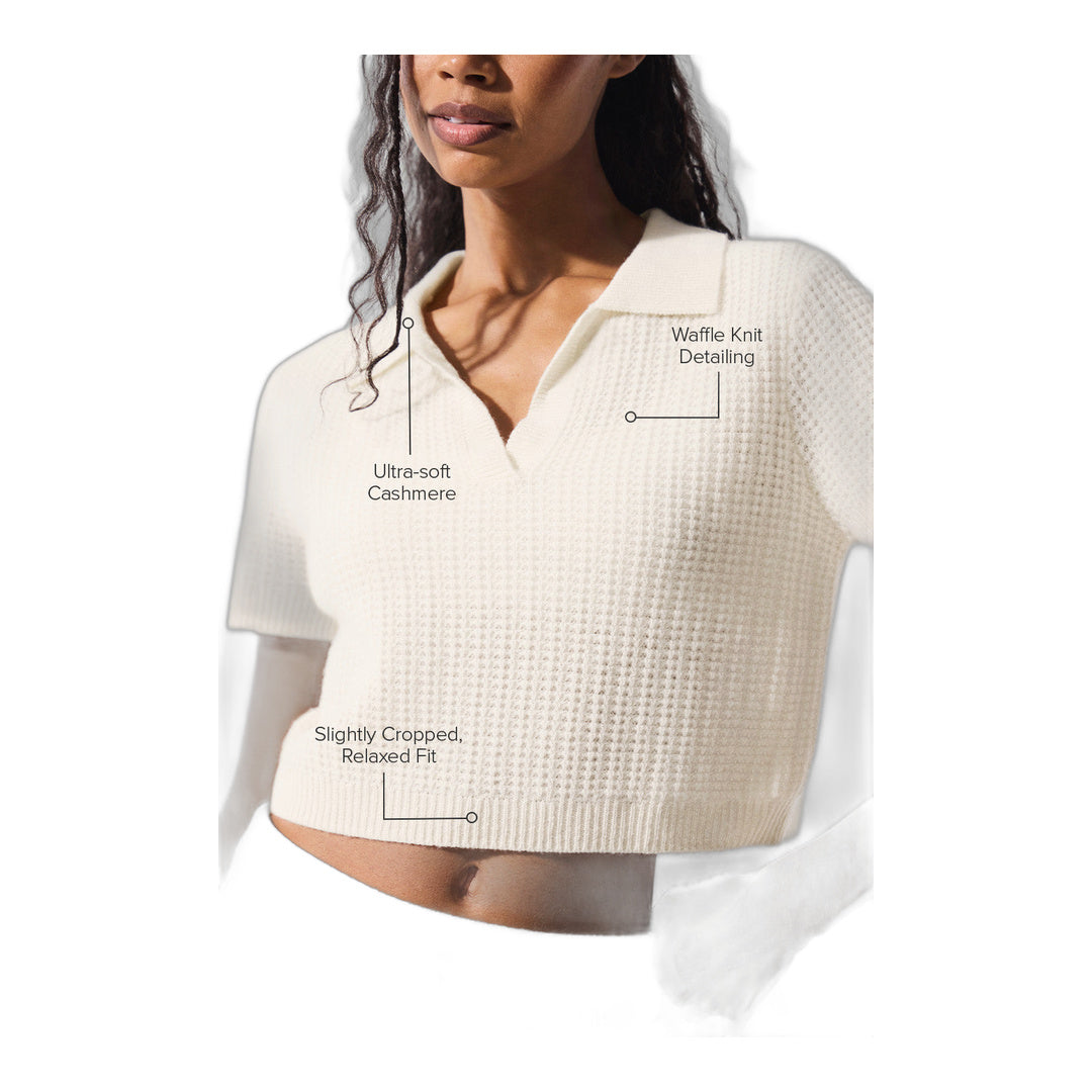 alo Cashmere Plush Waffle Polo Tee - Ivory