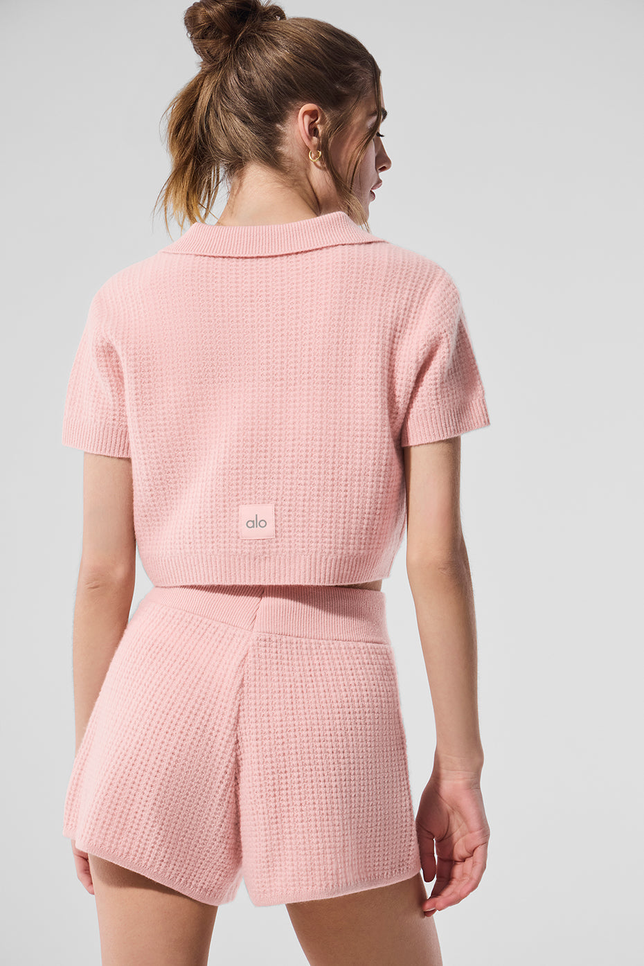 alo Cashmere Plush Waffle Polo Tee - Pink Quartz