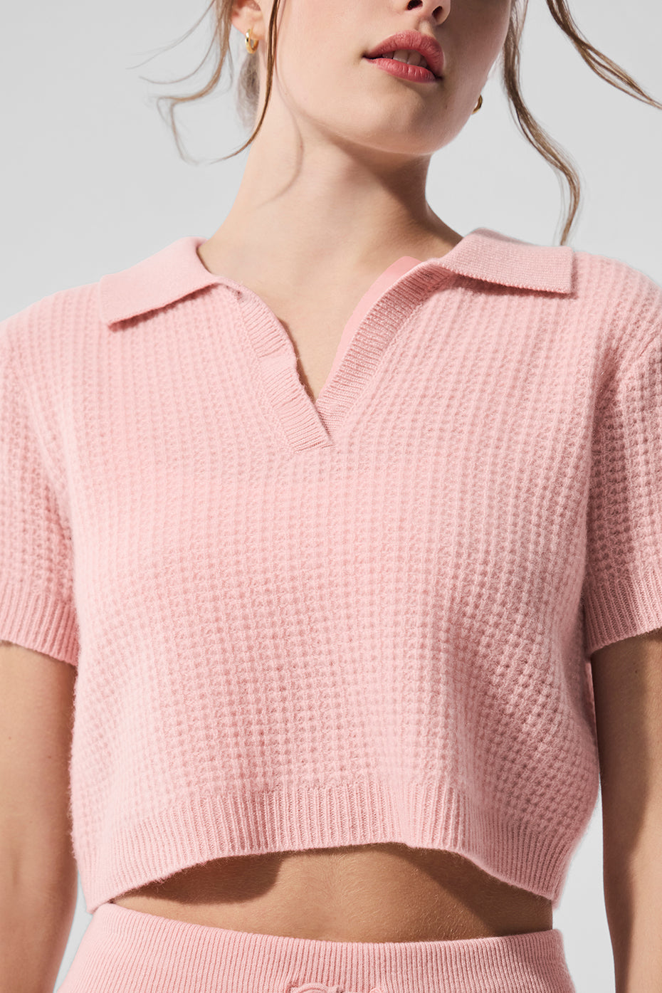 alo Cashmere Plush Waffle Polo Tee - Pink Quartz