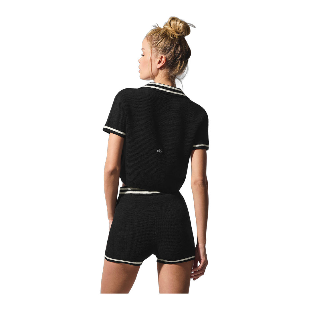alo Tennis Club Sweater Knit Cropped Polo - Black/Ivory