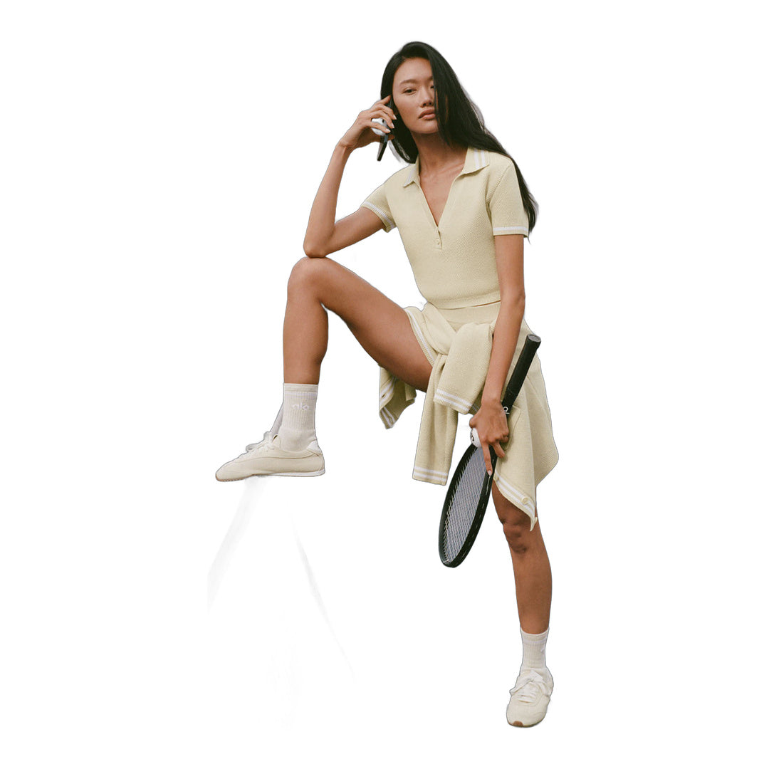 alo Tennis Club Sweater Knit Cropped Polo - Oatmeal/White