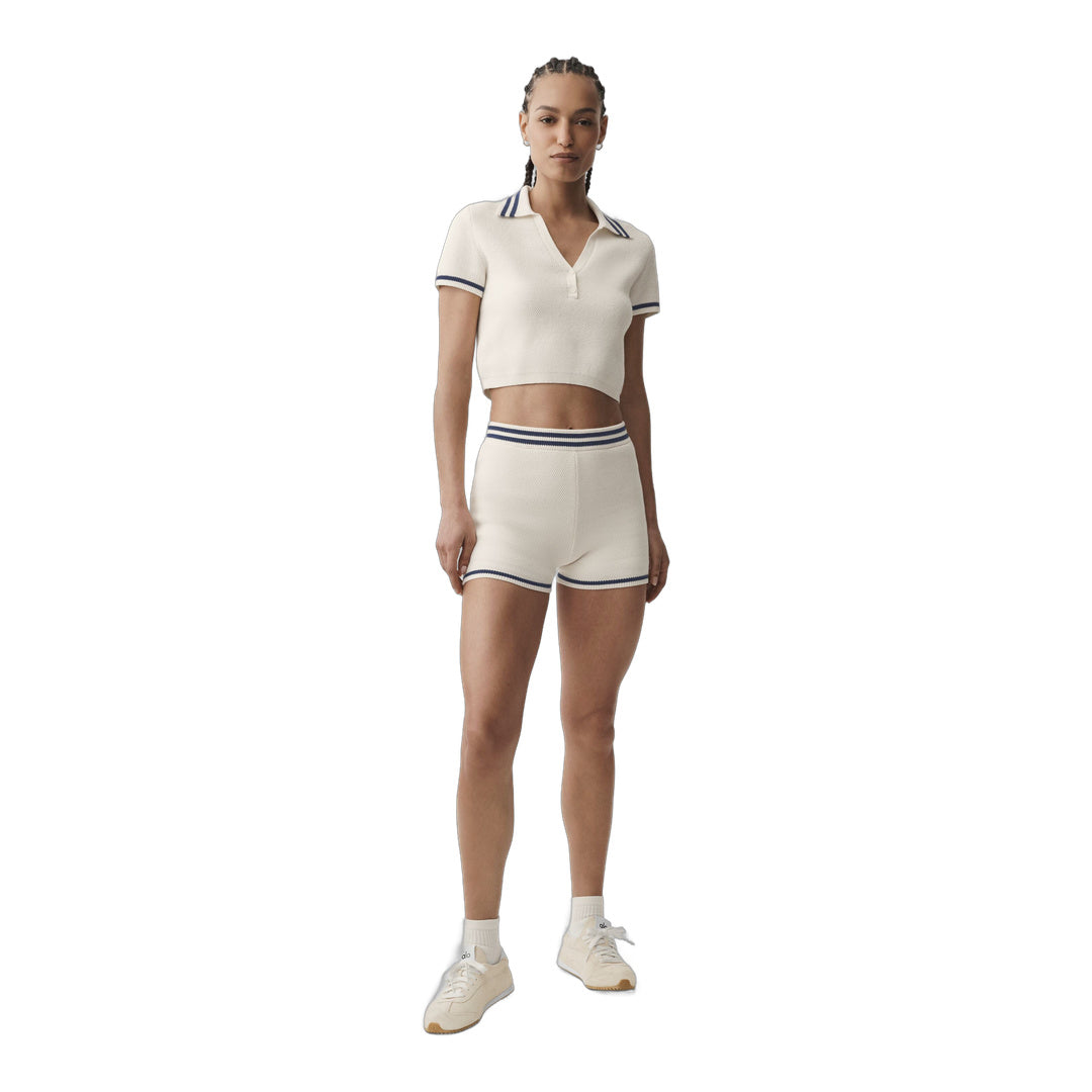 alo Tennis Club Sweater Knit Cropped Polo - Ivory/Navy
